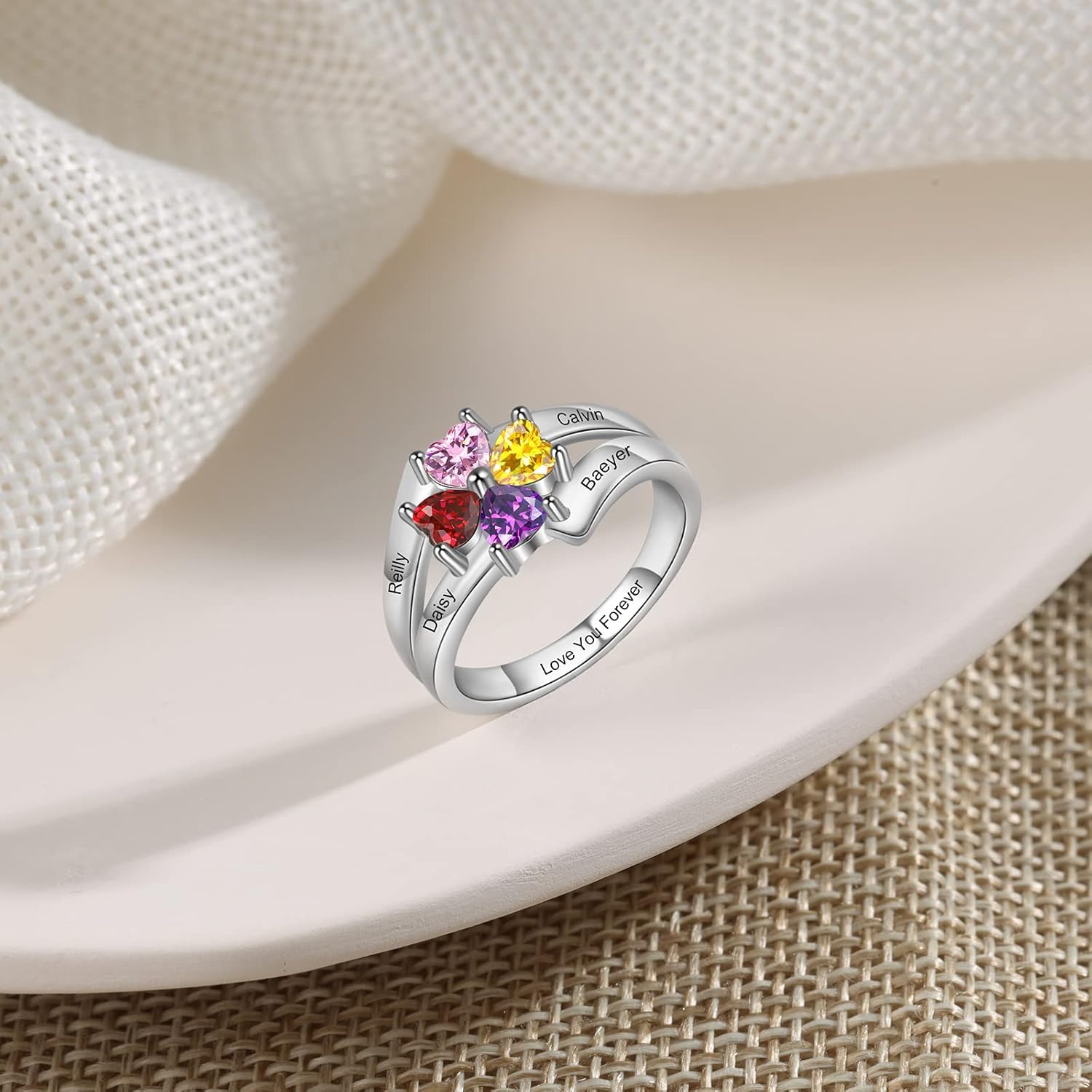 Jeweidea Mothers Ring Personalized Sterling Silver Ring with 4 Heart Simulated Birthstones Meaningful Anniversary Rings for Women Mom Grandmother