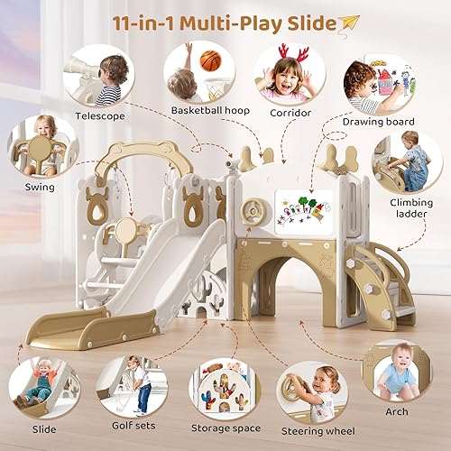 Miniatura 3 de Tobogán y columpio para niños pequeños, juego 11 en 1 con tobogán para niños, juego de golf, tabla de dibujo, aro de baloncesto y espacio de