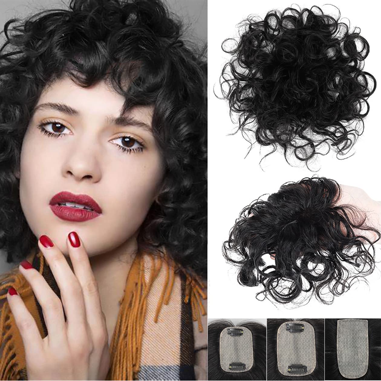 Short Fluffy Curly Human Hair Topper Top Hairpiece Toupee Clip in Hair Extension 5x8cm Simulated Scalp Silk Skin Base Natural Curly Topper Wiglet Hairpiece for Women Black Color