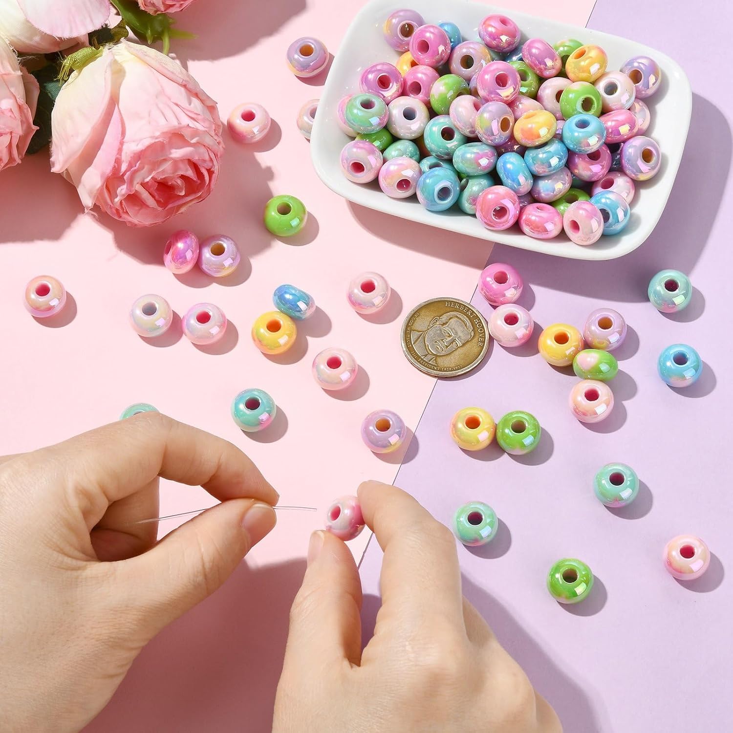 LiQunSweet 100 pcs Mixed Colors 13mm Iridescent Rondelle Acrylic European Beads Abacus Disc 4MM Large Hole Spacer Beads for DIY Jewelry Bracelet Necklace Bag Keychain Decor - Image 4