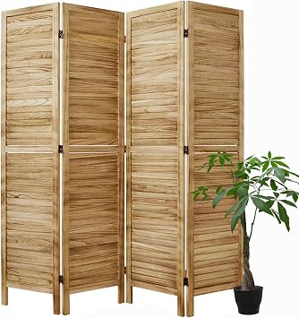 Room Partitions and Dividers, Temporary Wall with Double Hinges, 5.6 Ft Tall Folding Louver Wood Screen for Home Office Bedroom Hotel Decoration 4 Panels, Wood Color