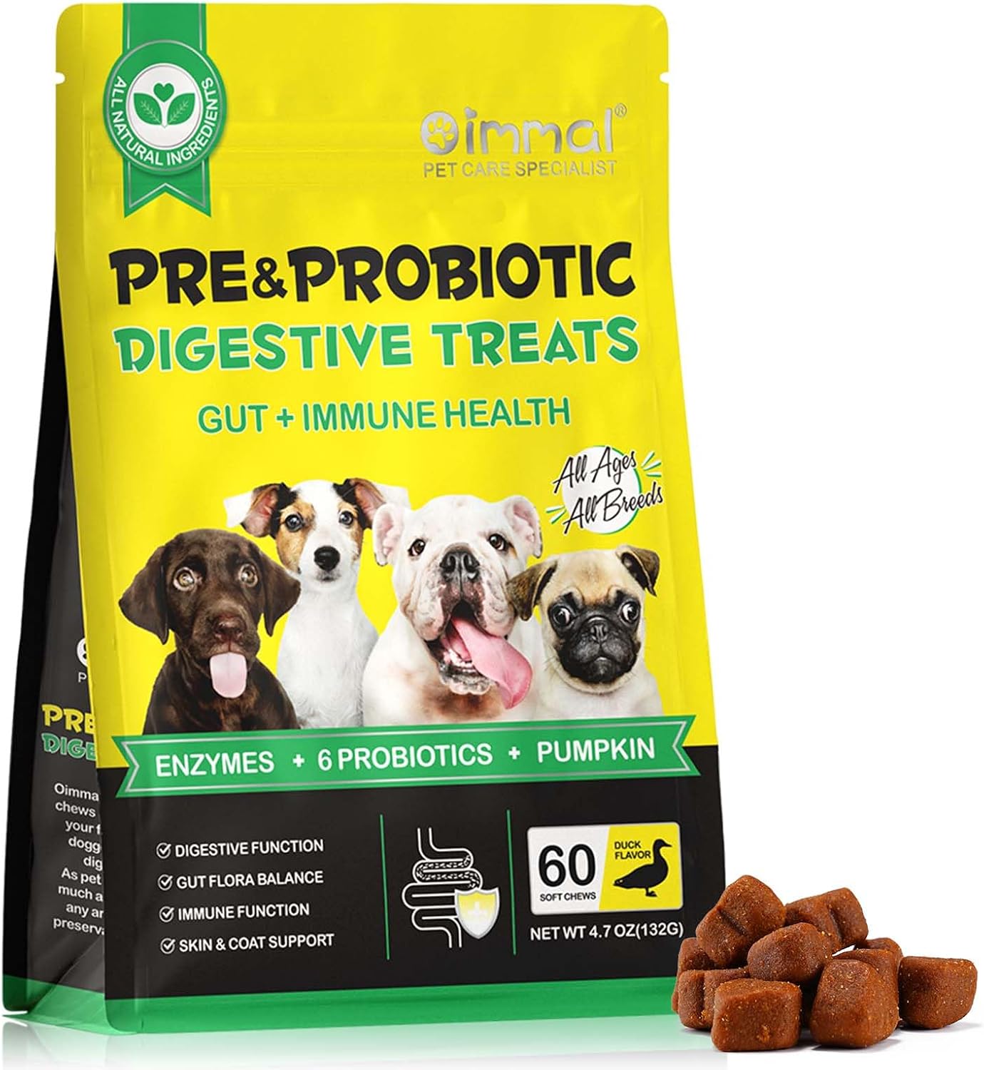 Dog Probiotic – 60 Chew Probiotics for Dogs, Dog Food Supplement for Digestion, Promote Intestinal Health, Gas Relief and Constipation, Duck Flavour