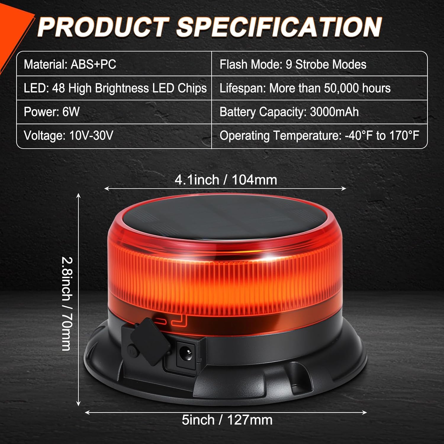 Solar Amber Strobe Light, 48 LED Rechargeable Emergency Warning Beacon Light with 9 Flash Modes, Magnetic Mount, IP68 Waterproof for Trucks, Forklifts, Tractors, Golf Carts, UTV, Car, Bus