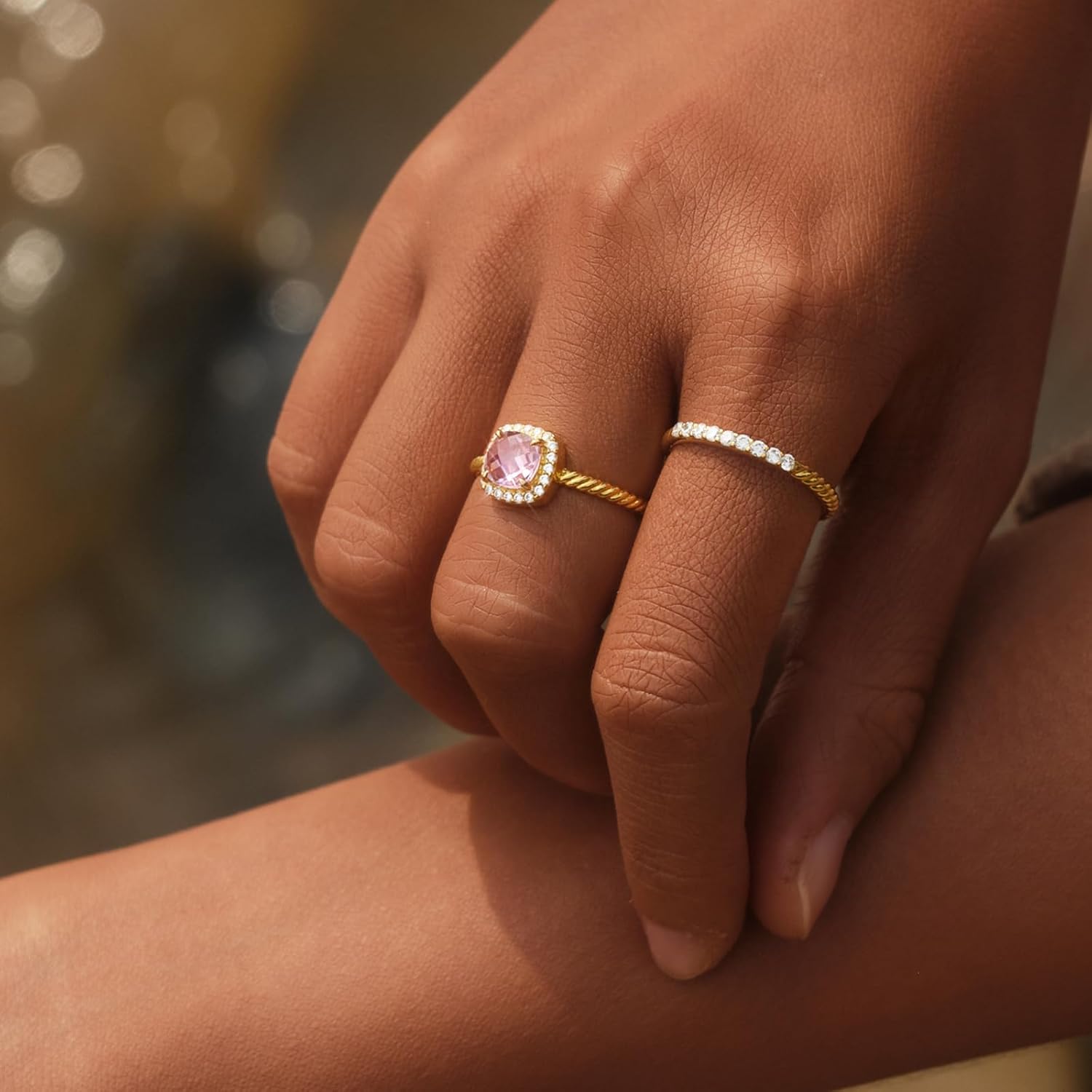 STORYJEWELLERY Pink Stone Ring, Halo Rings, Elongate Cushion Cut Engagement Ring, Cocktail Rings for Women, Gifts for Her - Image 4