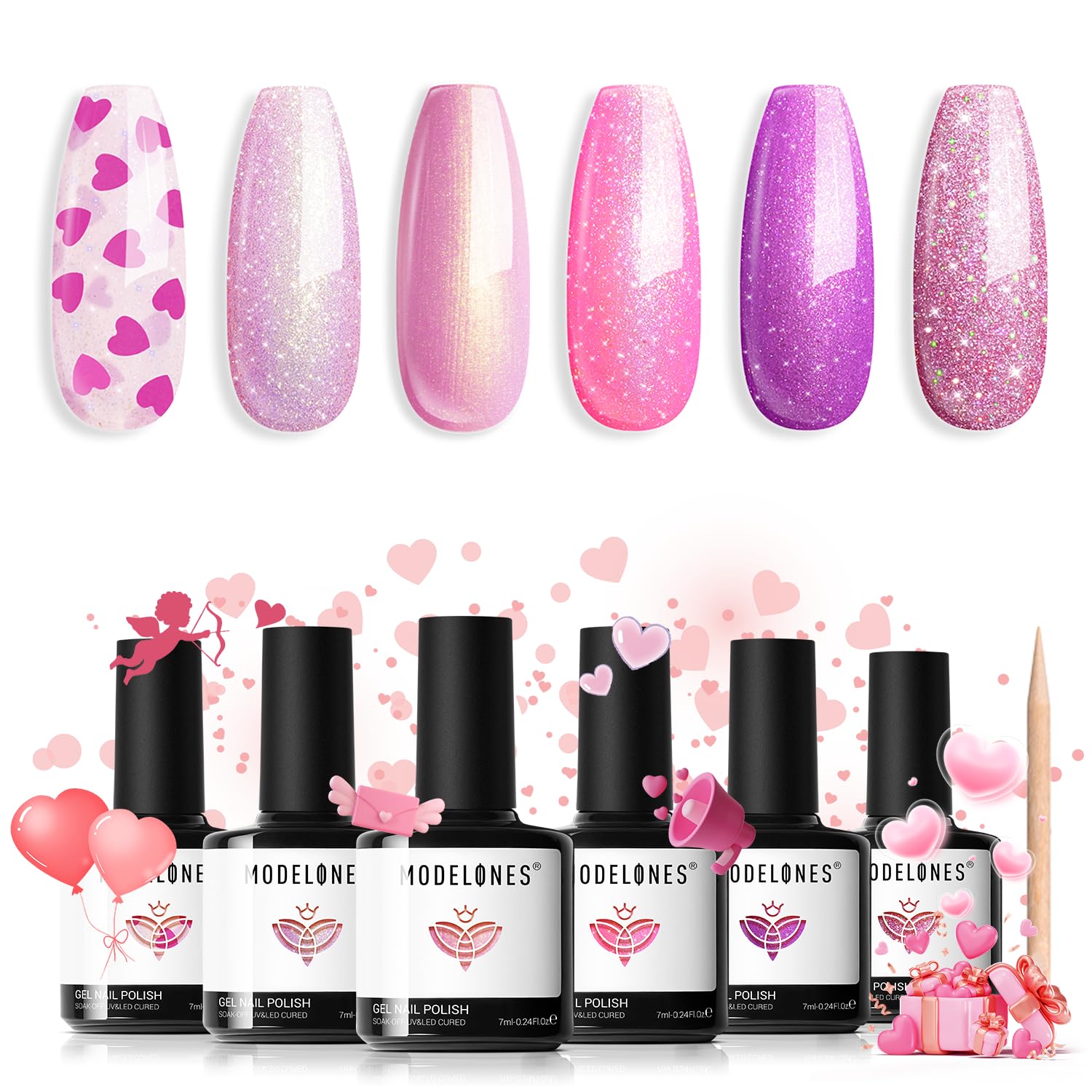 modelones Gel Nail Polish Set, 6 Colors Valentine's Day Pink Gel Polish Glitter Hot Pink Purple Shades Mermaid Love-heart Glitter Gel Polish Shimmer