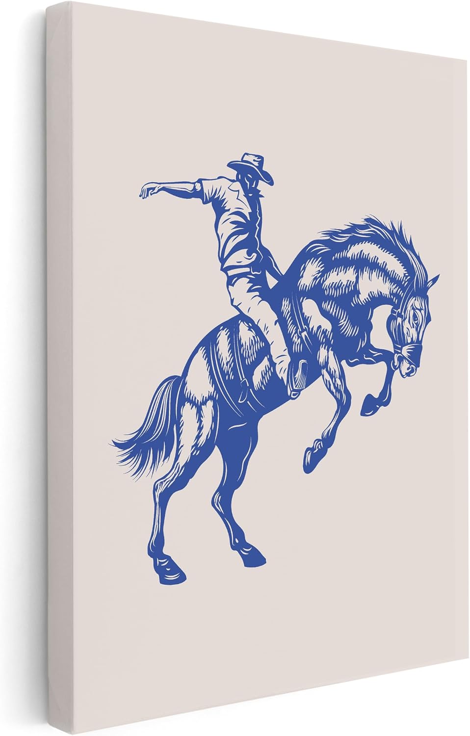 Poster Master Cowboy on Bucking Horse Canvas - Retro Blue Cowboy Print - Rodeo Art - Wild West Art - Gift for Him & Her - Decor for Dorm, Office or Living Room - 8x10 STRETCHED Canvas