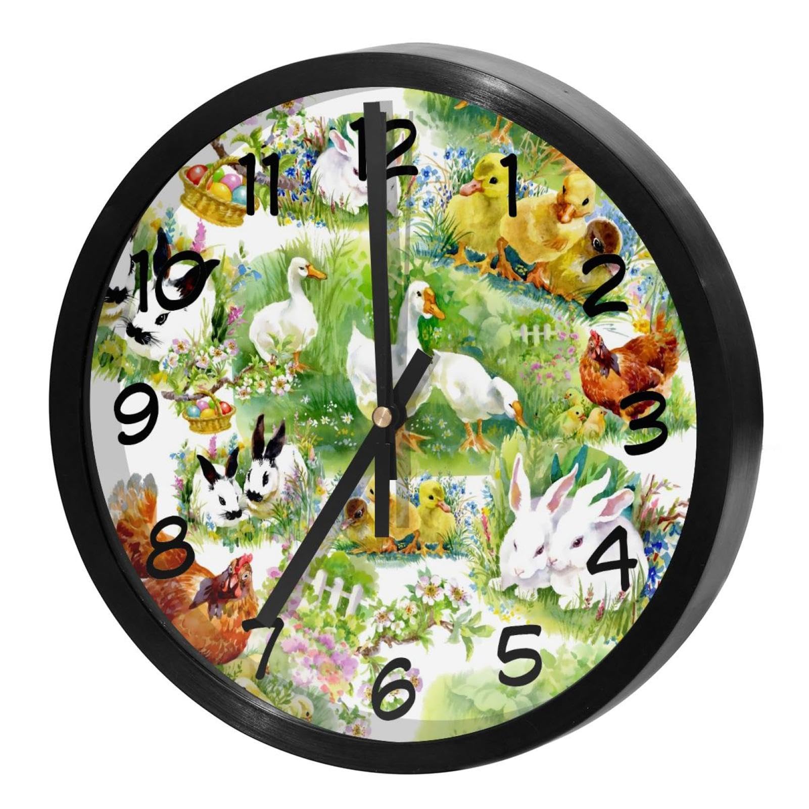 Horloge murale pour cuisine et bureau à motif poulets et œufs style aquarelle