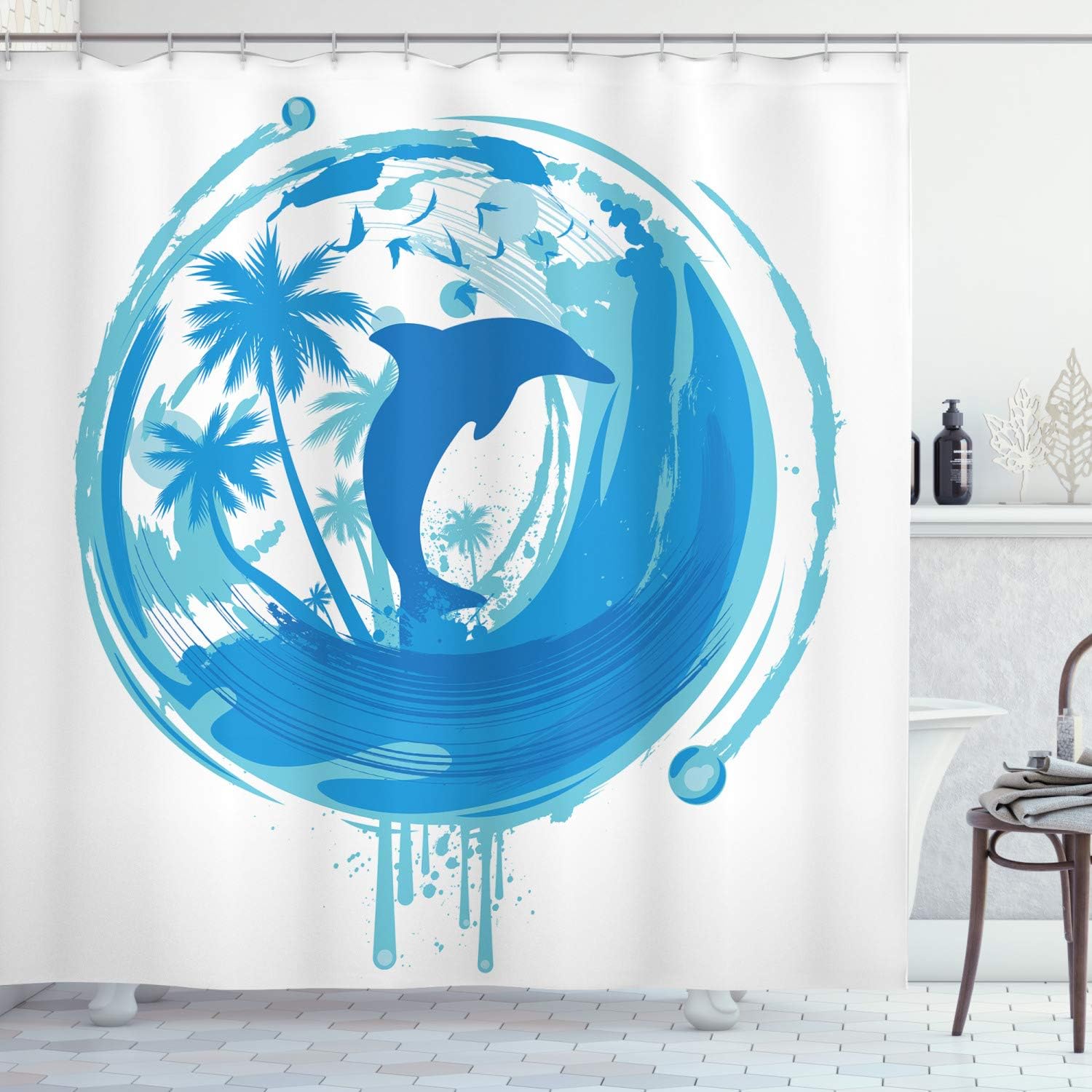 Ambesonne Dolphin Shower Curtain, Tropical Theme Maritime Image Ocean Inspired Image Exotic Trees and Birds Print, Cloth Fabric Bathroom Decor Set with Hooks, 69" W x 70" L, Blue Turquoise
