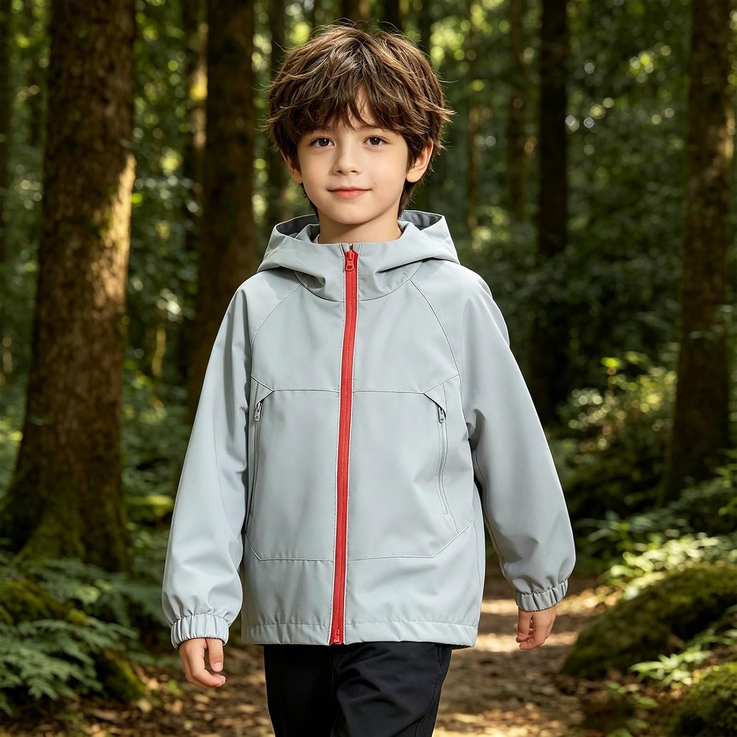 Lightweight Hooded Rain Jacket for Kids Waterproof Outdoor Windbreaker Raincoat Zipper Elastic Cuffs Boys Hiking Rain