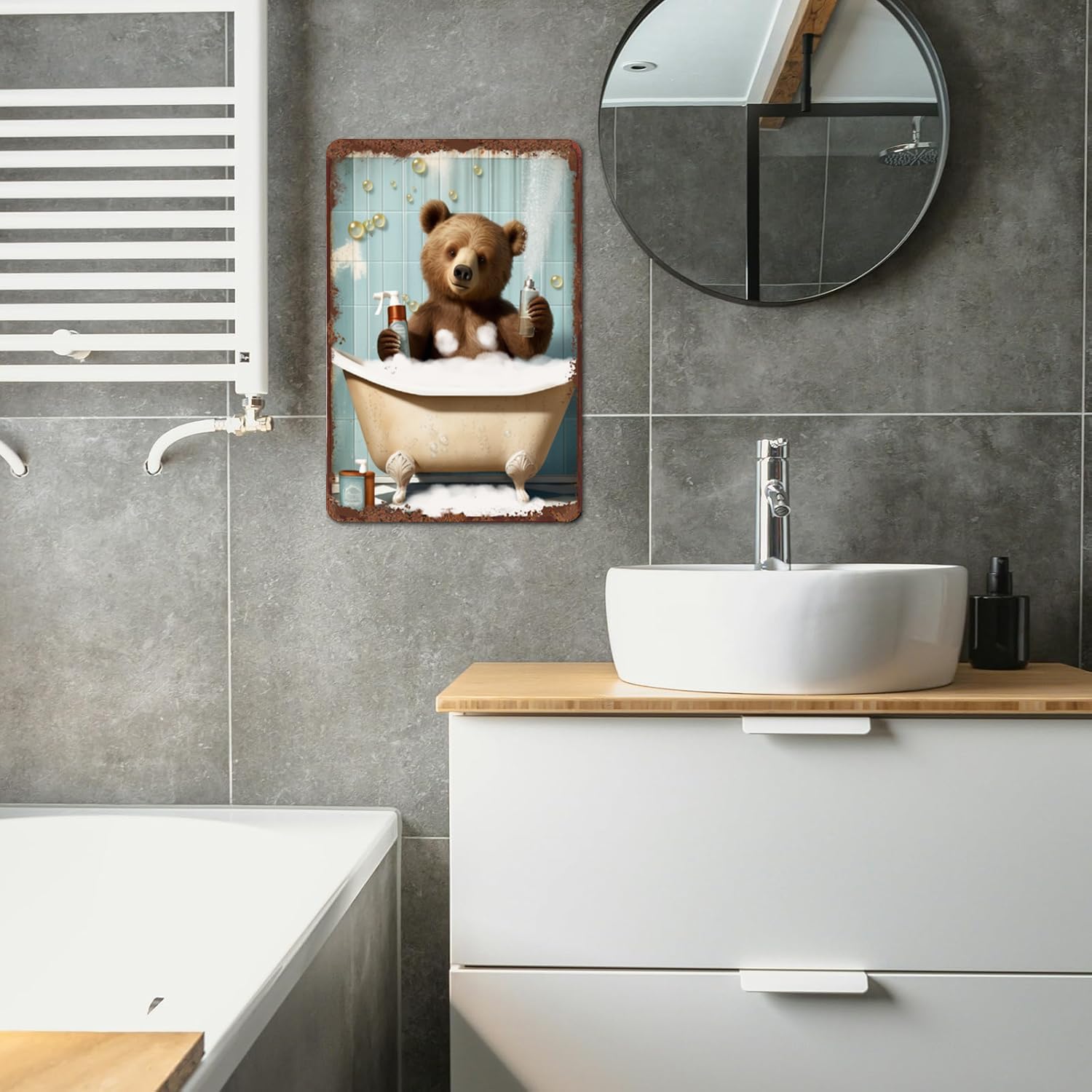 Funny Bear in Bath Tub Metal Sign – Wash Your Paws Vintage Bathroom Decor, Rustic Animal Wall Plaque for Kids, Guest Bath, Cabin or Farmhouse, 5.5x8 Inch Aluminum Poster Gift