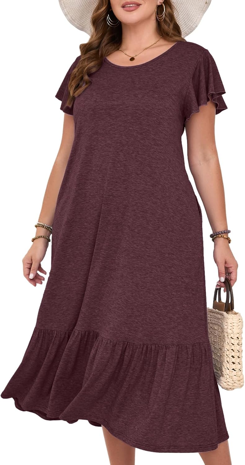 MONNURO Women Summer Causal Ruffle Short Sleeve T Shirt Maxi Beach Long Dress with Pockets