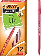 BIC Round Stic Xtra Life Red Ballpoint Pens, Medium Point (1.0mm), 12-Count Pack of Bulk Pens, Flexible Round Barrel for Writing Comfort, No. 1 Selling Ballpoint Pens