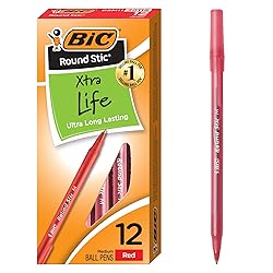 BIC Round Stic Xtra Life Red Ballpoint Pens, Medium Point (1.0mm), 12-Count Pack of Bulk Pens, Flexible Round Barrel for Writing Comfort, No. 1 Selling Ballpoint Pens