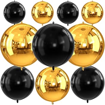 Gold and Black Round Foil Balloons 22" 18" 15" 4D Helium Balloon Metallic