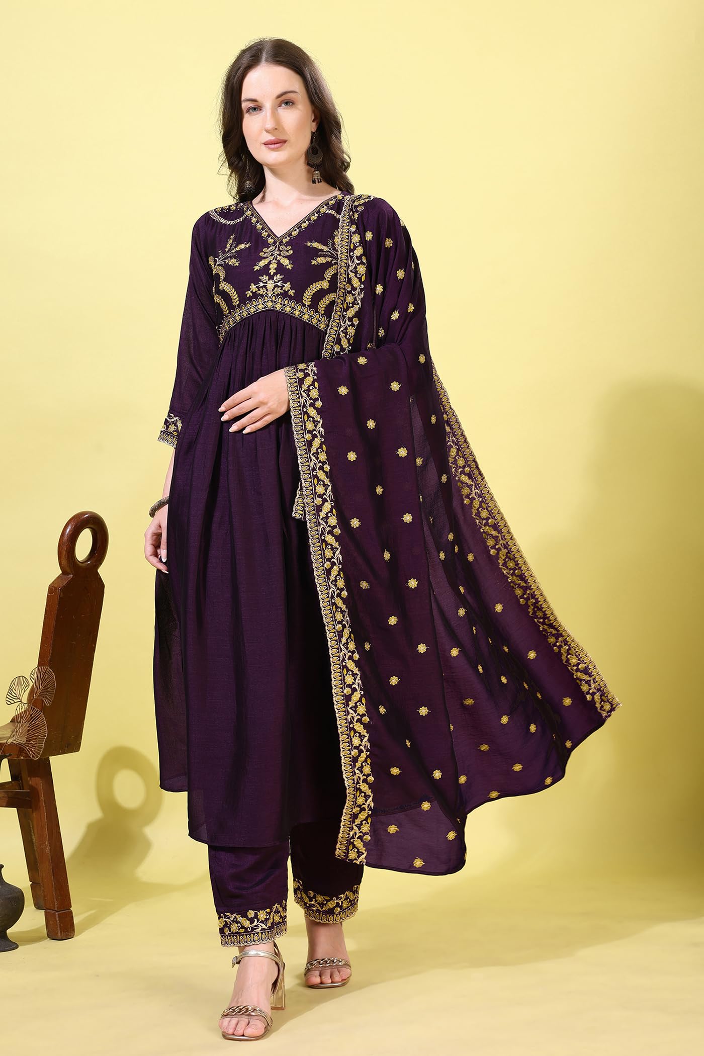 Pratham Blue Women's Silk Embroidered Regular Kurta Sets (Bkp-1009-Xl_Purple