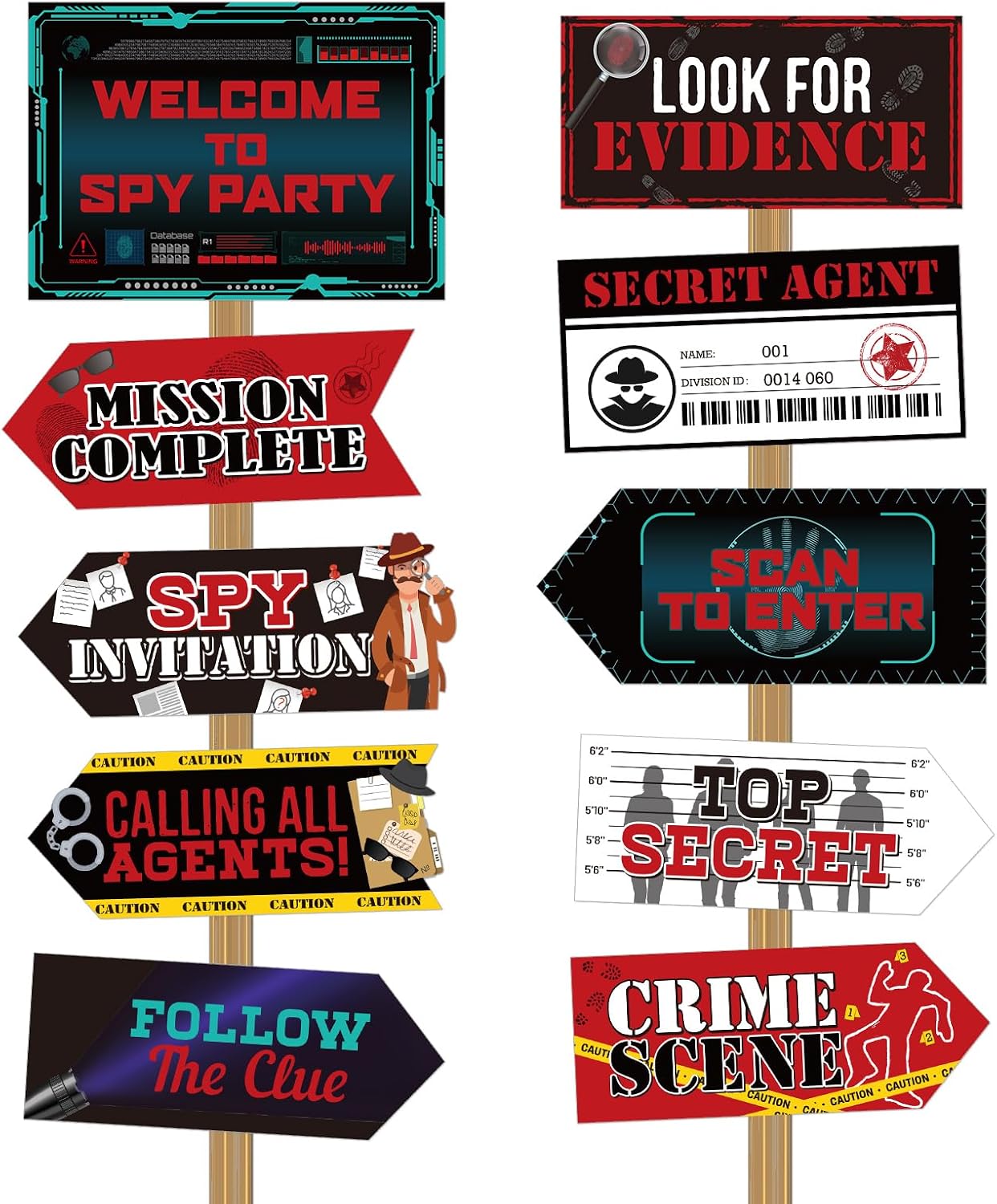 Gueevin 20 Pieces Secret Agent Secret Spy Birthday Party Decorations Detective Themed Party Directional Sign for Yard Mystery Crime Clue Evidence Decorations, 10 Styles(Classic Color)