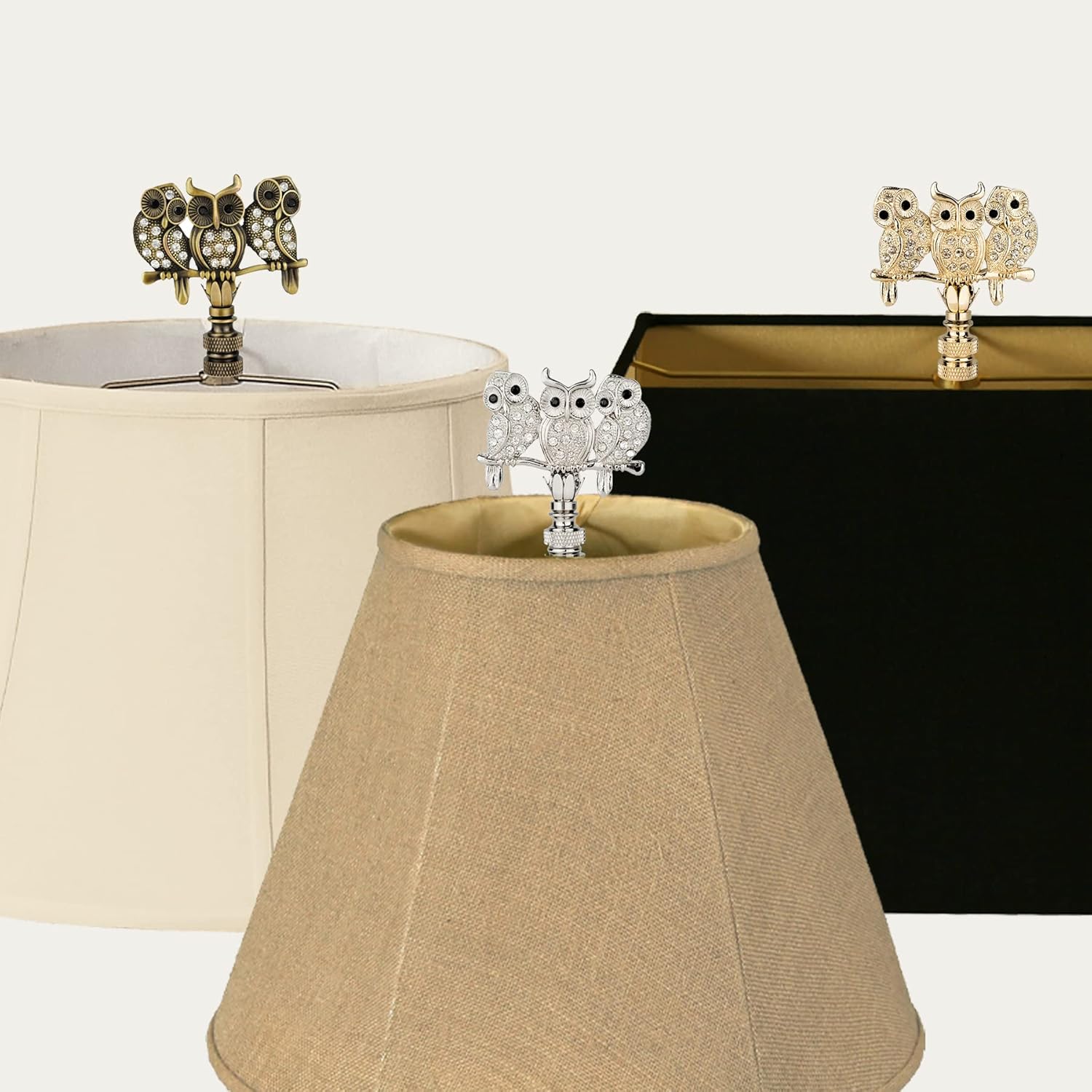 Royal Designs, Inc. Rhinestone Owl Trio Finial for Lamp Shade, F-5104AB-1, Antique Brass