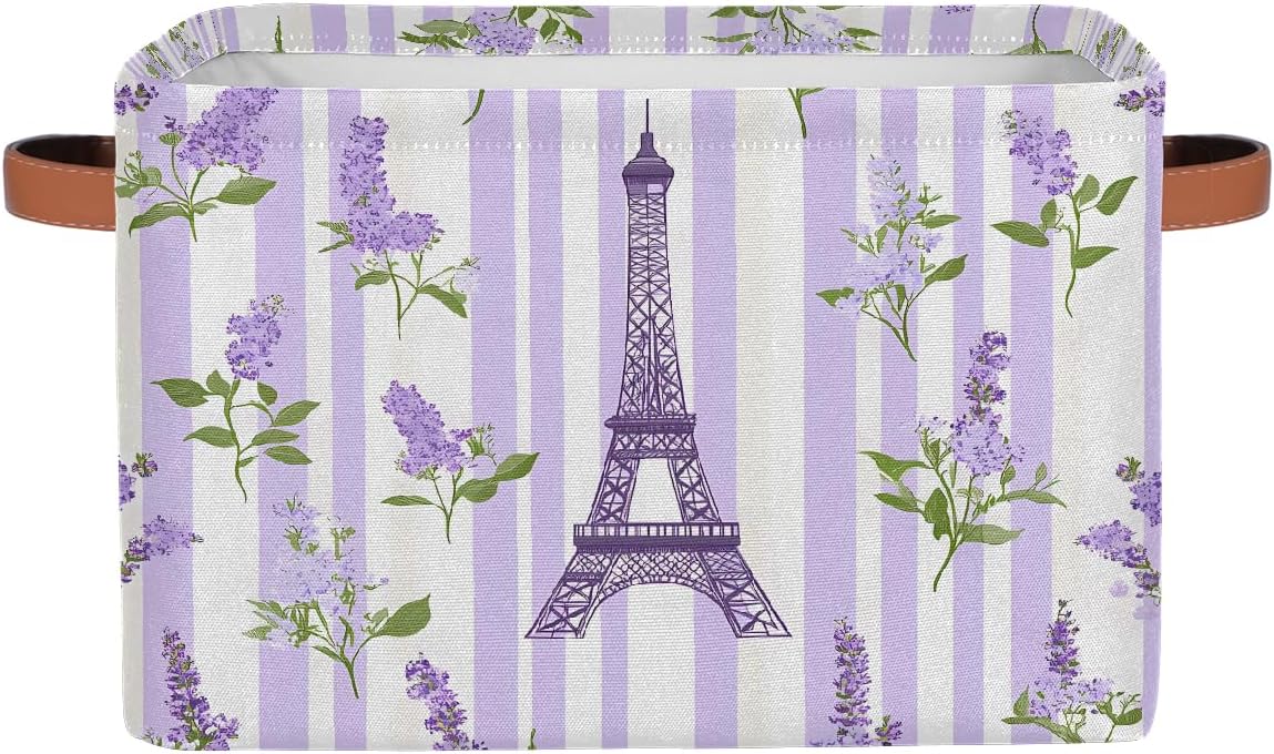 Storage Baskets for Shelves Eiffel Tower Purple Lavender Stripes Foldable Decorative Storage Basket Bins with Handles Storage Basket Box for Home, 2 Pcs