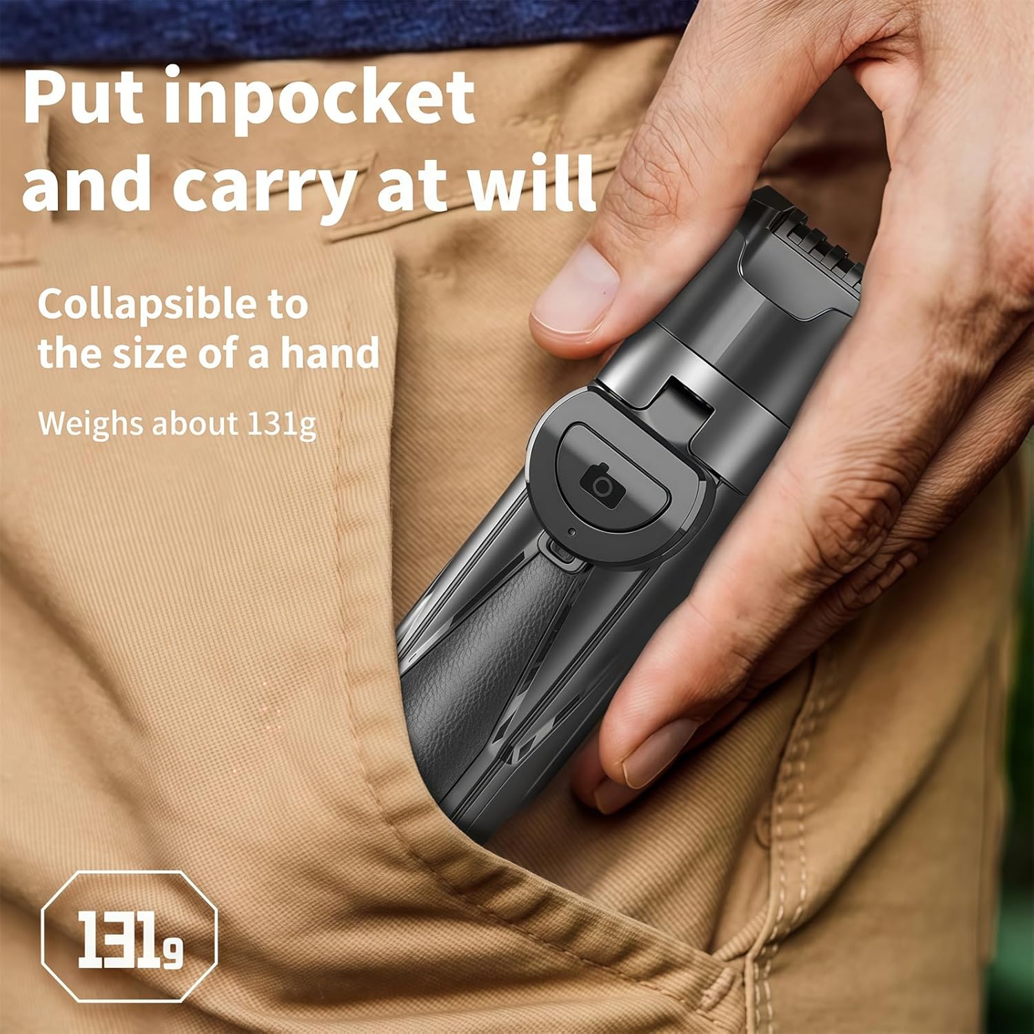 A hand placing the folded Tnw T26 into a pant pocket, showing its compact size and weight of 131g.