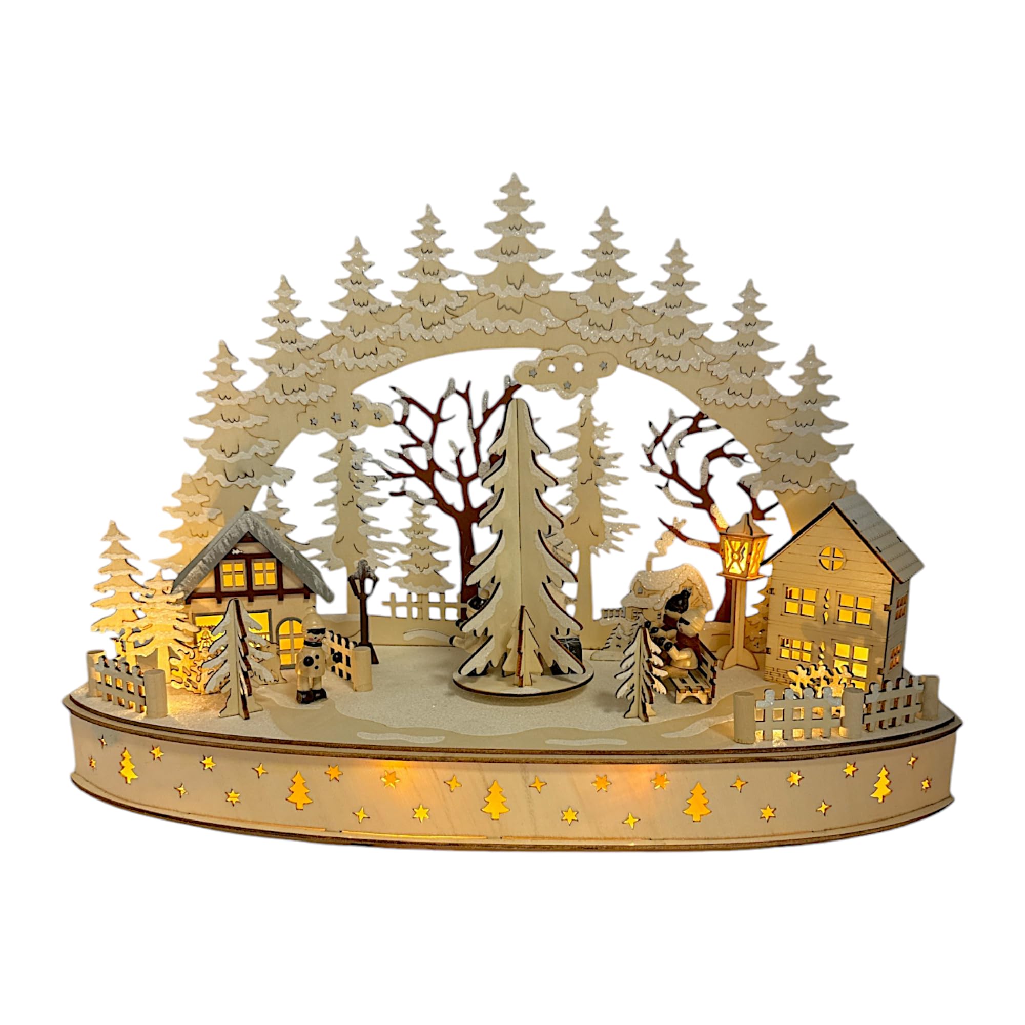 Wichtelstube-Kollektion LED Schwibbogen Weihnachtsdorf mit drehenden Baum, Schwippbogen Weihnachten mit Bewegung, Lichterbogen Echtholz batteriebetrieben mit integegreirten Timer