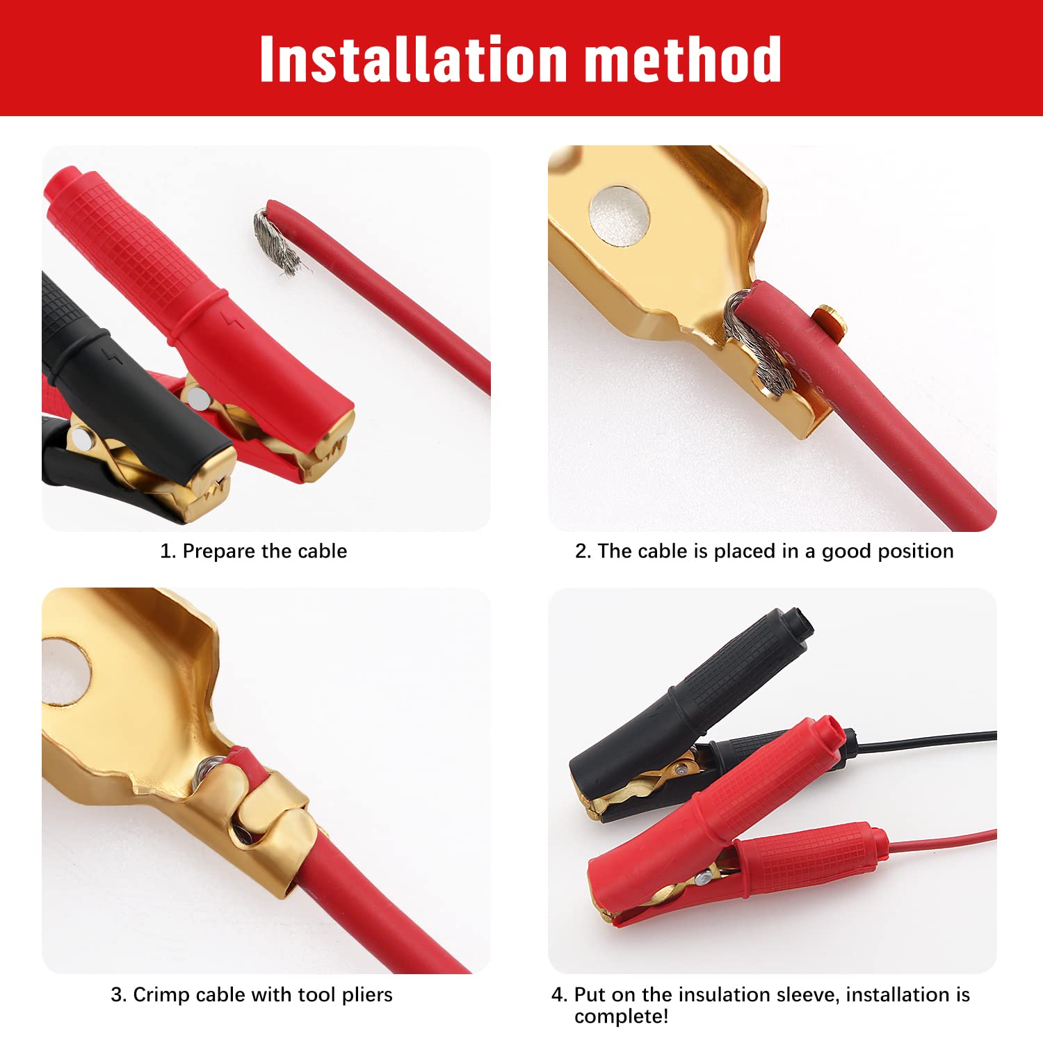 VooGenzek 4 Piezas 100A Pinzas de Cocodrilo, Clips de Cocodrilo Aislados, Abrazaderas de Carga de Cobre Puro, para Cable de Carga de Coche (90mm, Rojo + Negro)