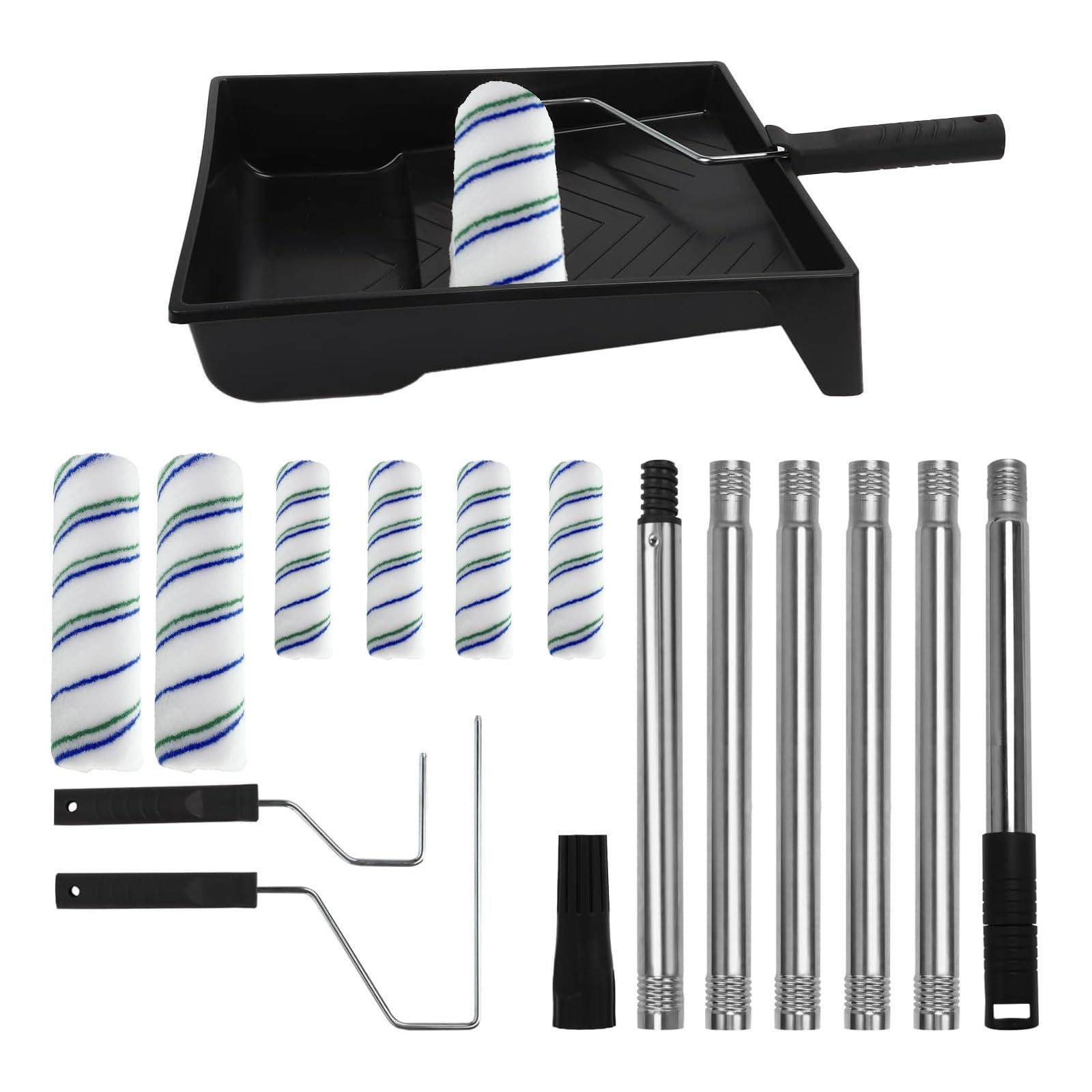 LZEXIN 15pcs Paint Roller Set, 9 inch/4inch Painting Roller Kit with 6pcs Extension Poles and Trays, 64inch Roller Sets for Painting with 6pcs Cleaning Pads for Walls and Ceiling