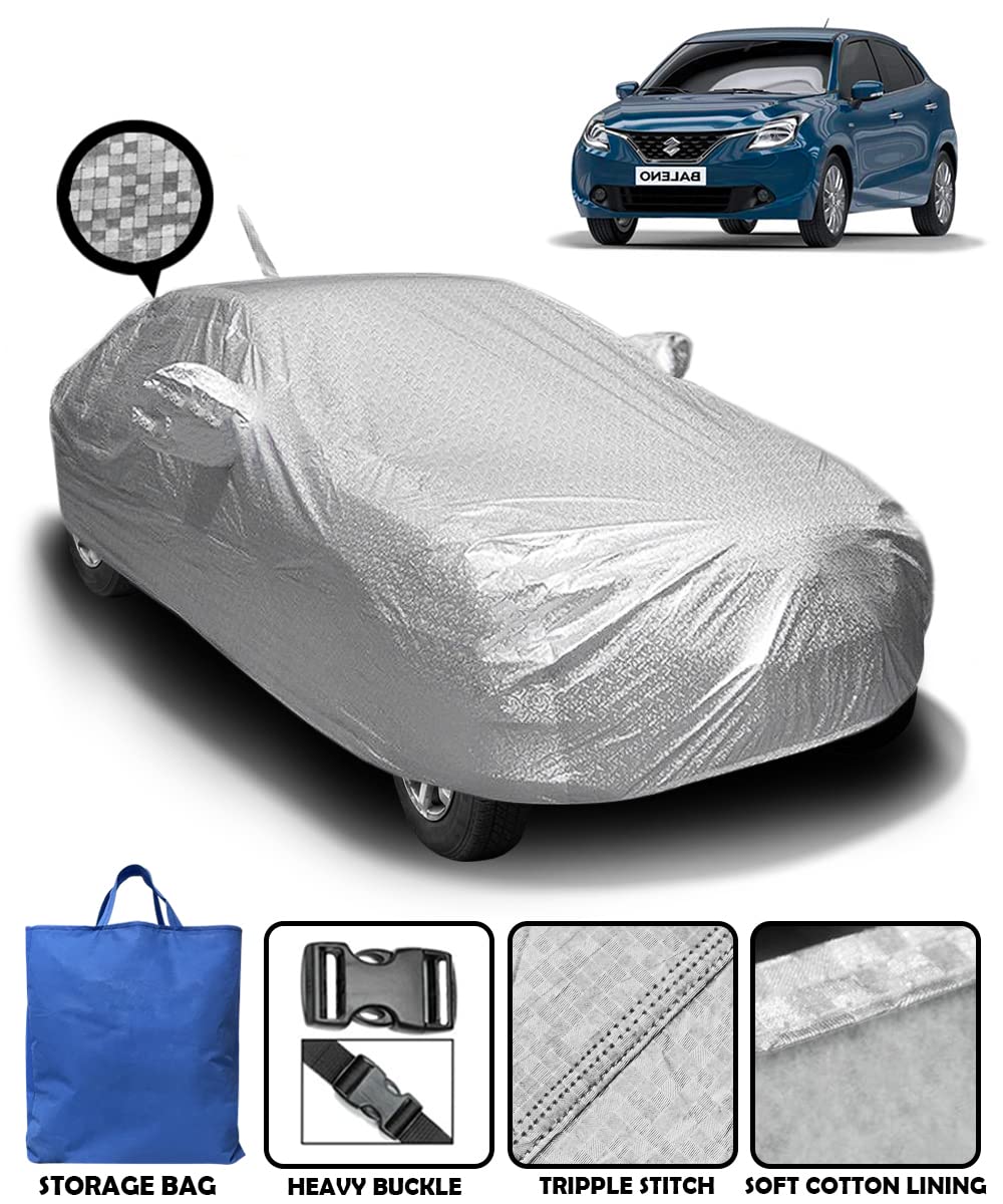 Fabtec Waterproof and Heat Resistant Metallic Silver Mirror and Antenna Pocket Car Body Cover for Maruti Baleno with Soft Cotton Lining (Full Bottom Elastic, Full Sized, Triple Stitched)