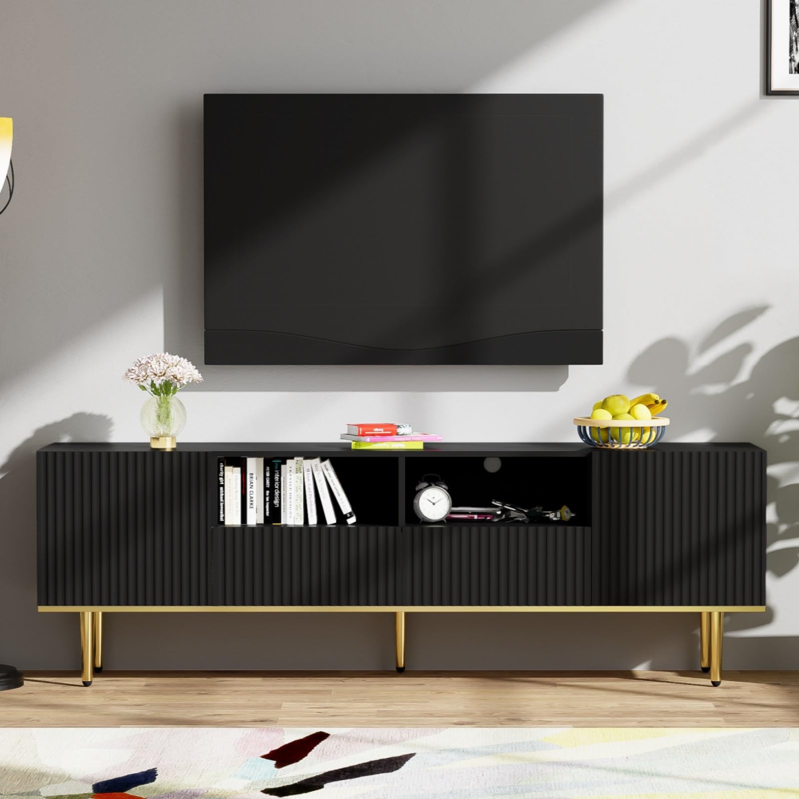 KOMHTOM Supporto per TV nero credenza TV mobile lowboard con cassetti e gambe dorate tv board per camera da letto soggiorno (nero+oro)