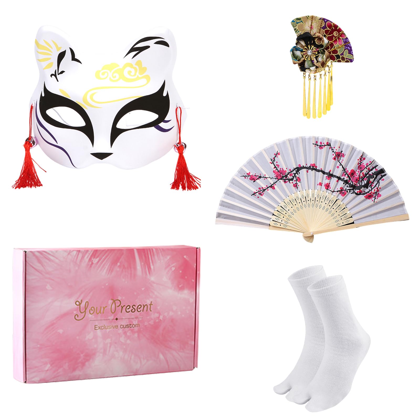 5 Pièces Kimono Japonais Femme, Tenue de Yukata Style Set avec Éventail, Maske, Cheveux, Carnaval Costume, pour Fête ou Spectacle