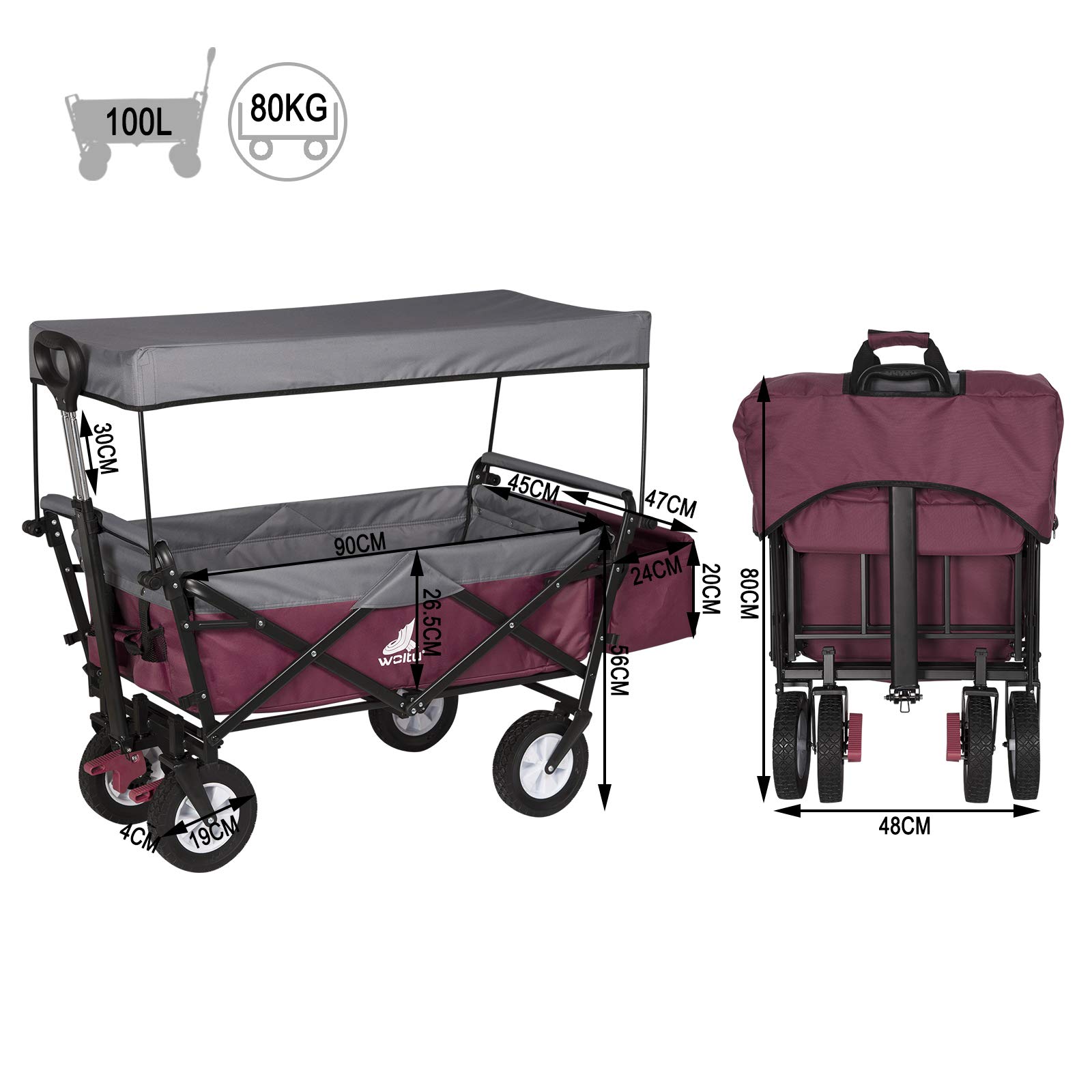WOLTU Faltbarer Bollerwagen XXL mit abnehmbarem Sonnendach & Feststellbremse, Offroad Handwagen bis 80kg Tragkraft für Kinder, Garten, Camping, Strand, Einkauf, Fuschia