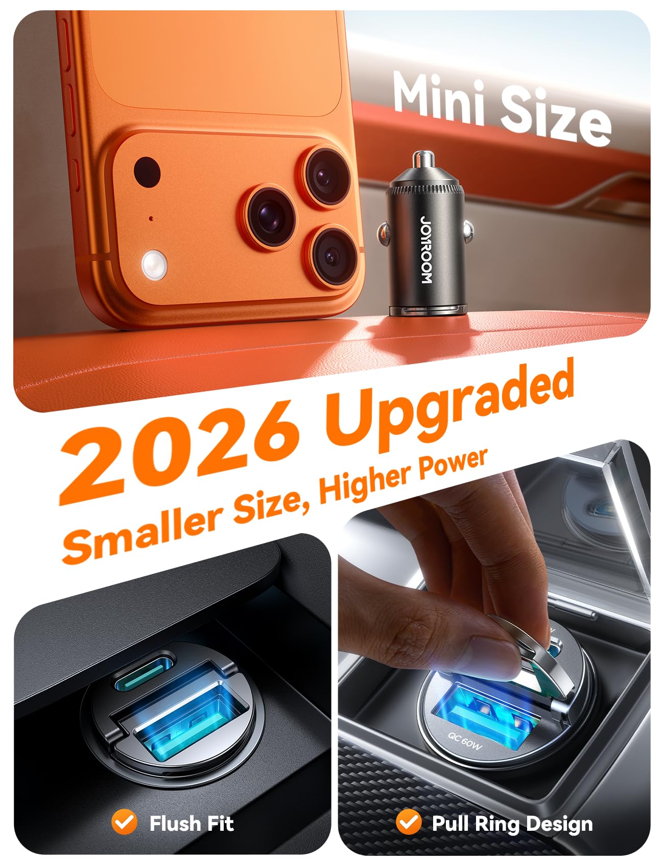 JOYROOM 2-Pack 125W USB C Car Charger [Mini, Flush Fit w/Pull Ring] Dual-Port Car Cigarette Lighter Adapter, Super Fast Car Charger for iPhone 17/16 Pro Max, Galaxy S26/25, MacBook Air, iPad and More - 3