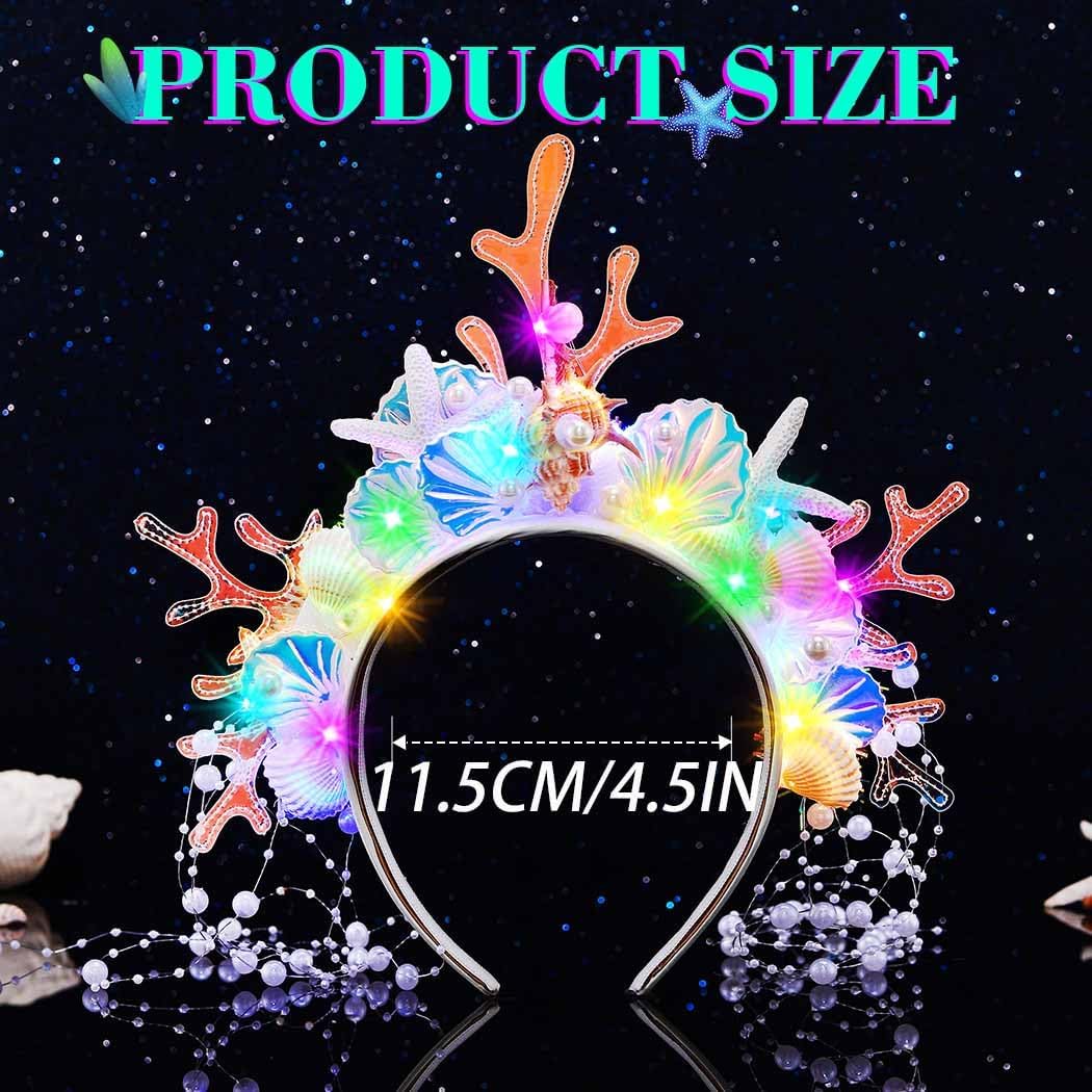 ACEDRE Light Up Mermaid Crown Headband Shell Starfish Headpiece Pearl Costume Hair Accessories for Women - Image 2