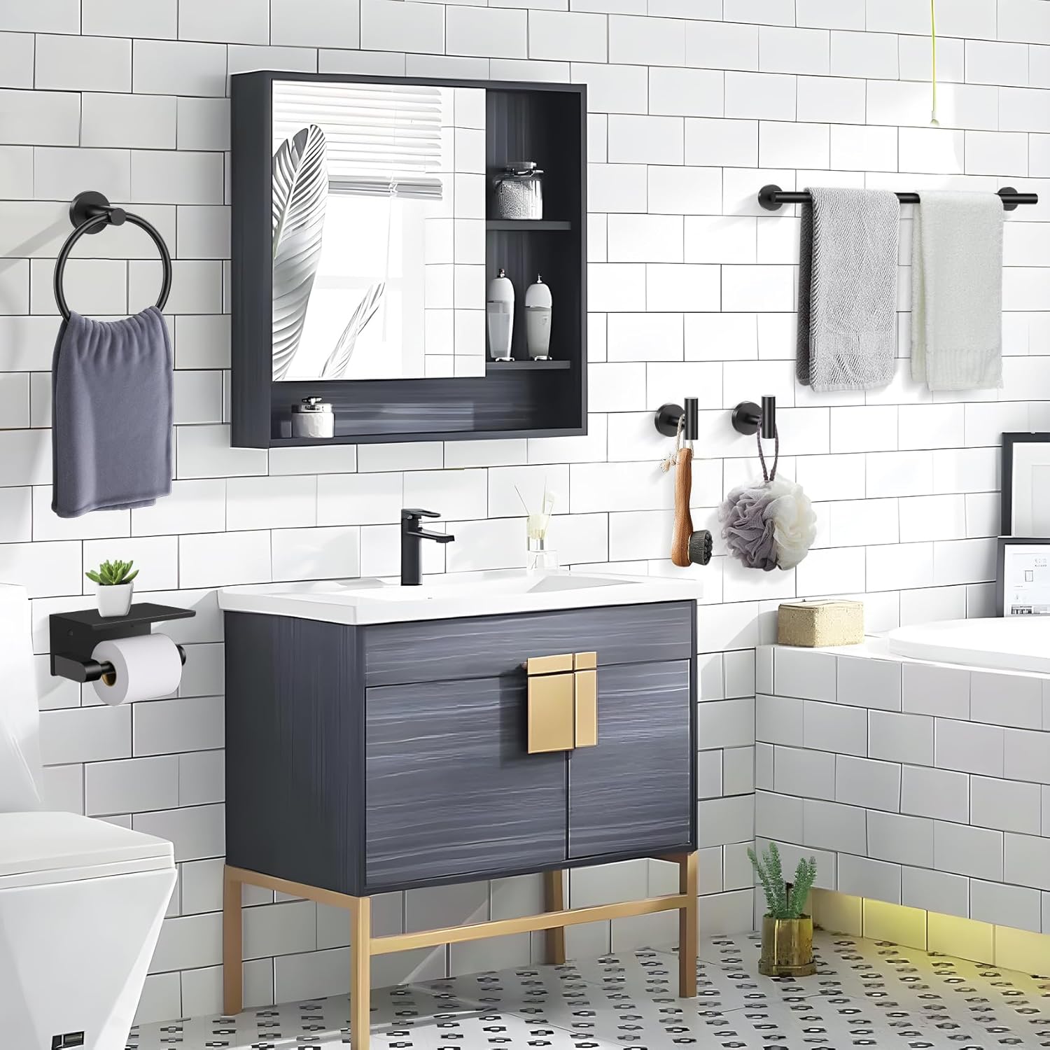 5-Piece Towel Bar Set Black Bathroom Hardware Accessories Set Upgraded Toilet Paper Holder with Shelf Towel Holder Set for Bathroom Stainless Steel Wall Mounted
