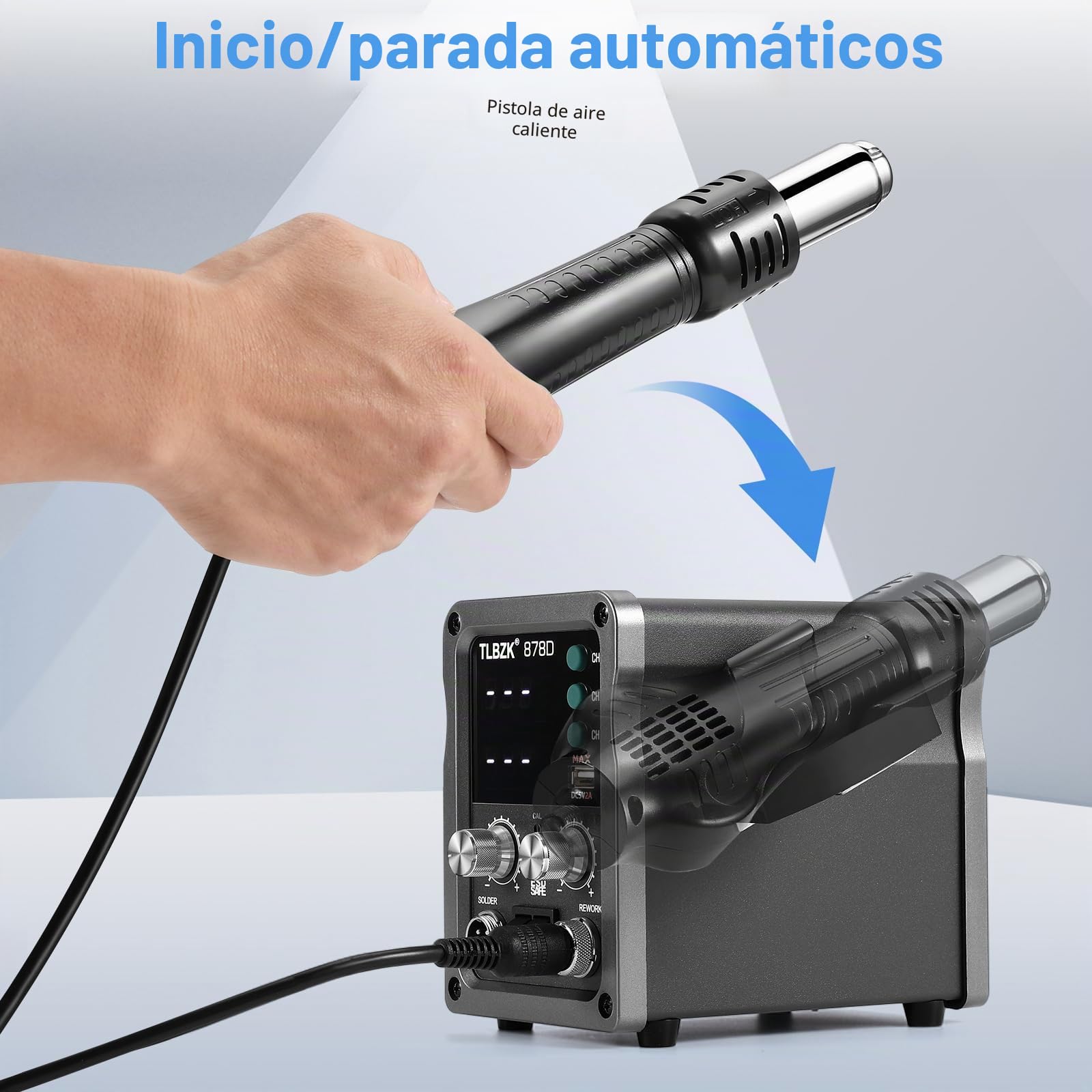 878D Kit 2 en 1 de estación de soldadura de aire caliente para retrabajo, bomba desoldadora, 5 puntas de soldadura, 3 boquillas de aire caliente, pinzas, extractor de circuitos integrados