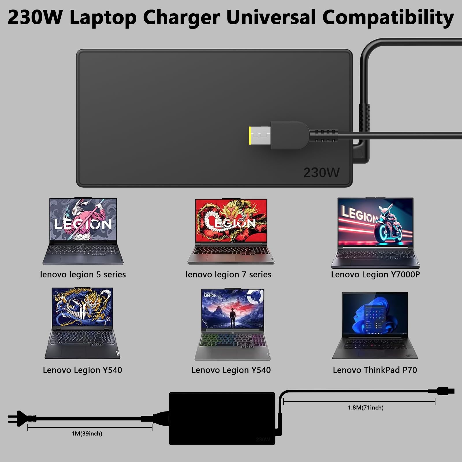 230W Adaptador de corriente para portátil Cable de carga para Lenovo Legion 5 7 Y520 Y540 Y545 Y740 Y730 Y900 Y910 Y920 Y7000 ThinkPad P50 P51 P52 P53 P70 P71 P72 P7 AD L230NLC3A ADL230NDC3A