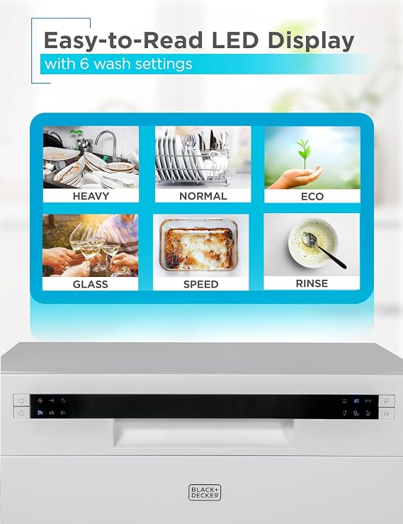 BLACK+DECKER Countertop Dishwasher, Counter Dishwasher with 6 Wash Programs, 6-Place Setting Capacity, Stainless Steel Interior, ENERGY STAR Certified, BCD6SD, White