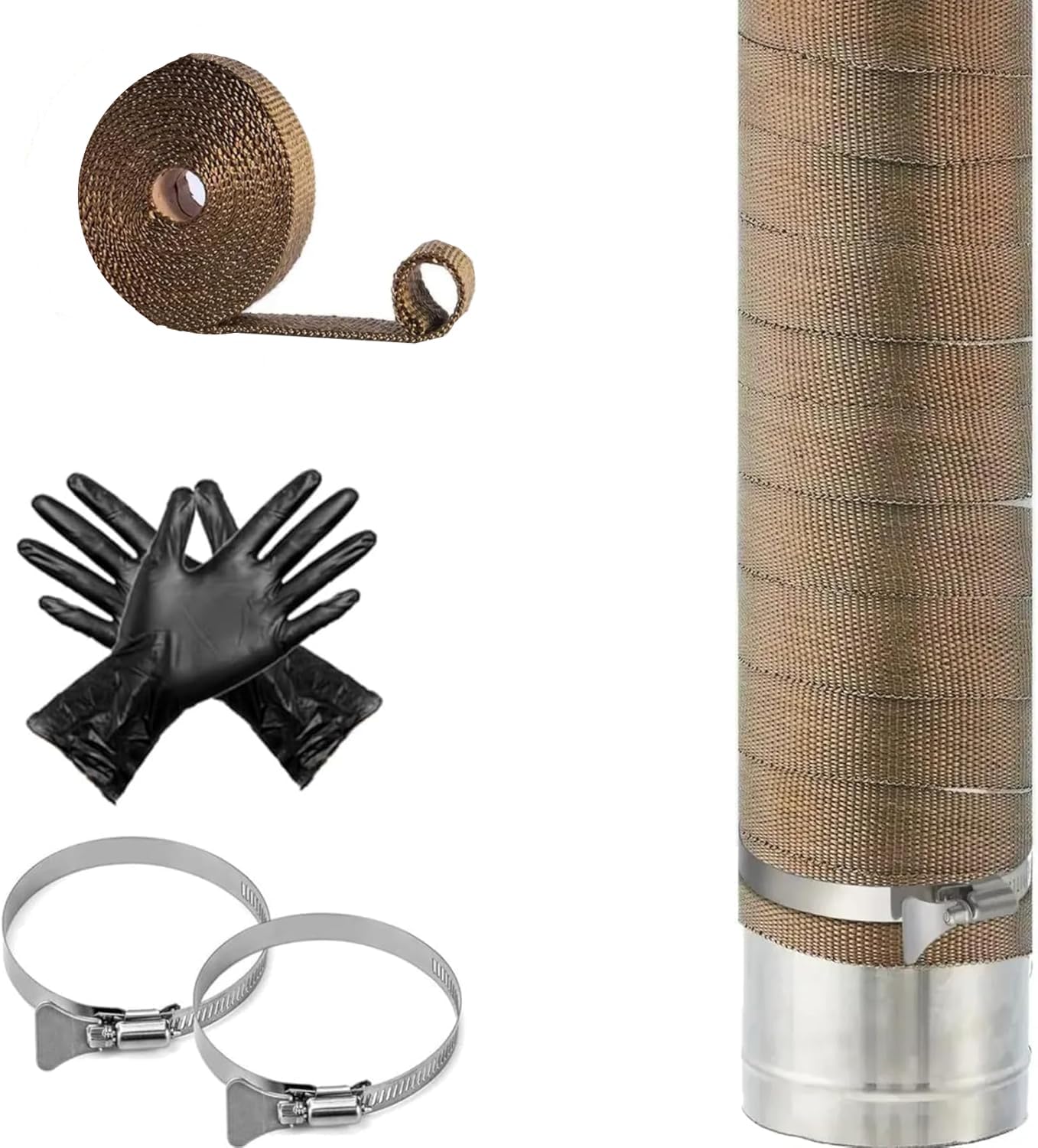 Fireproof Tent Stove Pipe Wrap, Insulation Fiberglass Anti-Scald Chimney Protector with 2 Clips, Gloves Stove Kits Brown