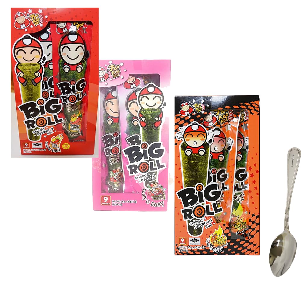 Big Roll Grilled Seaweed Roll 9 Packets Per Box Comes with 1 Z. Emma spoon (Spicy +Kimchi +Tom Yum Goong)