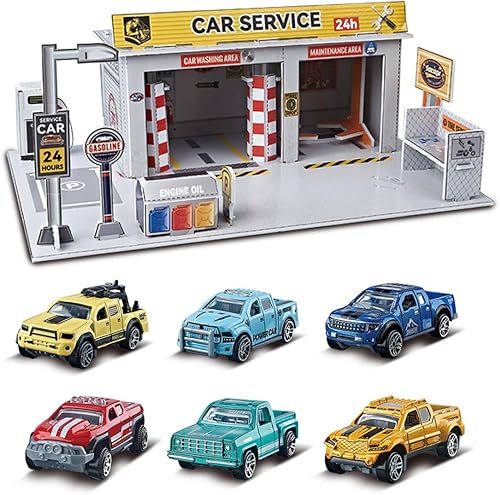 STOULKD 6 piezas de aleación de automóvil de juguete 164 con escena 3D, estación de mantenimiento de gasolinera para niños de 3 años en adelante