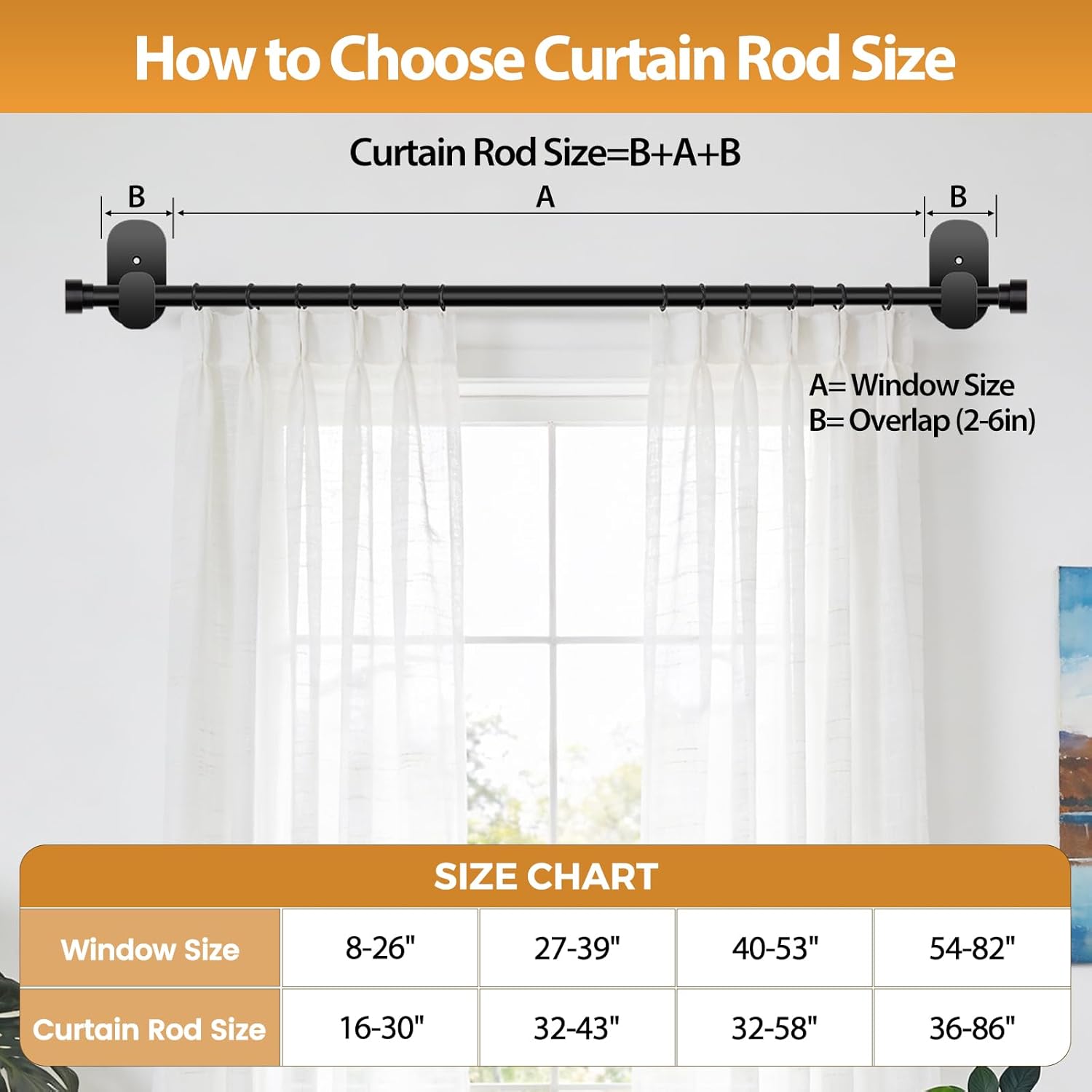 TONIAL Curtain Rods No Drilling for Windows from 54 to 82 Inches, 5/8 Inch 2 Pack Curtain Rod 32 to 86 inch with Adhesive Brackets, Renter Apartment Friendly Adjustable Drapery Rods, Black