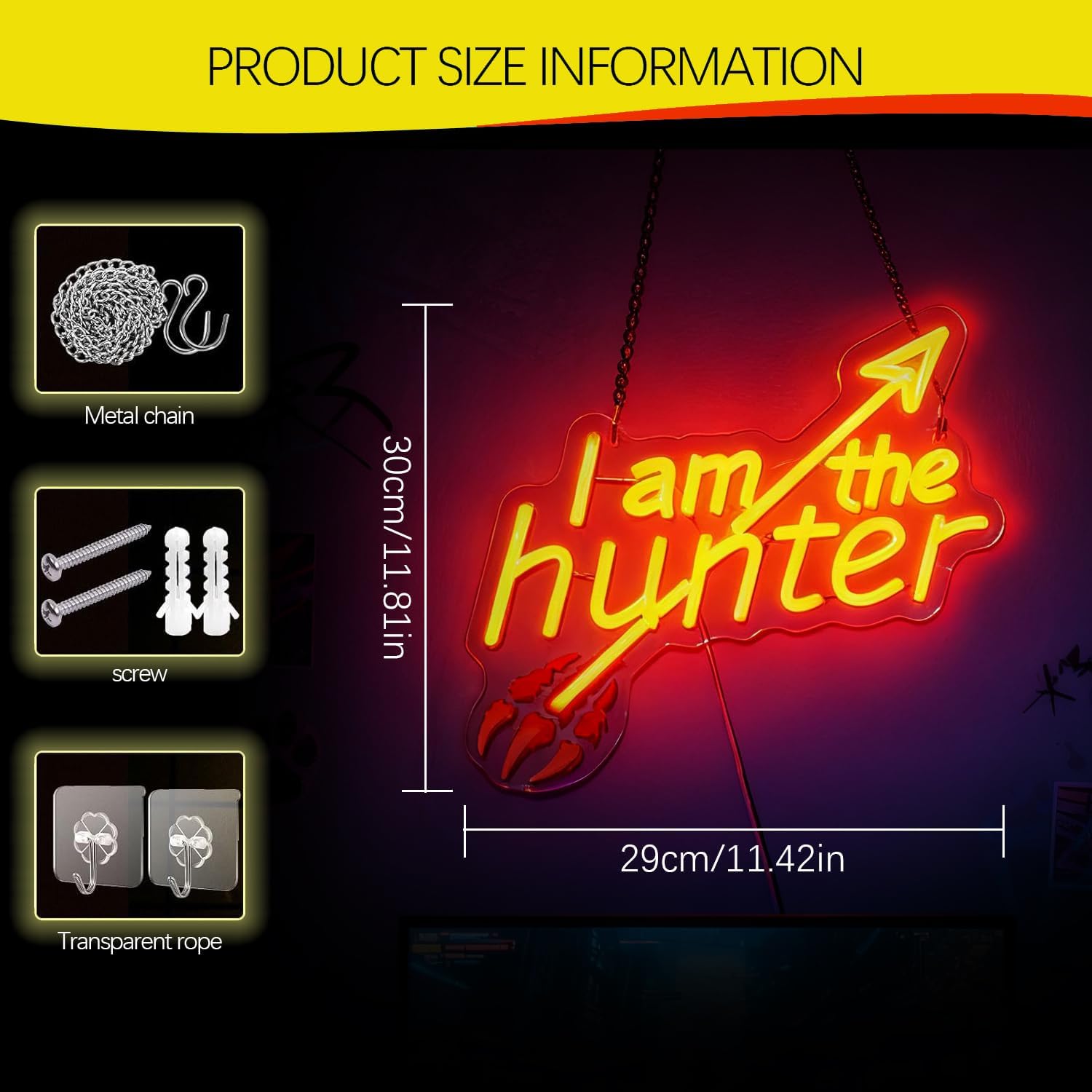 "I am the hunter" Gaming Neon Sign, Orange Neon Light with UV Printing, USB - Powered with Adjustable Brightness, Perfect for Game Rooms, Bedrooms, Ideal Gift for Boys - Image 3