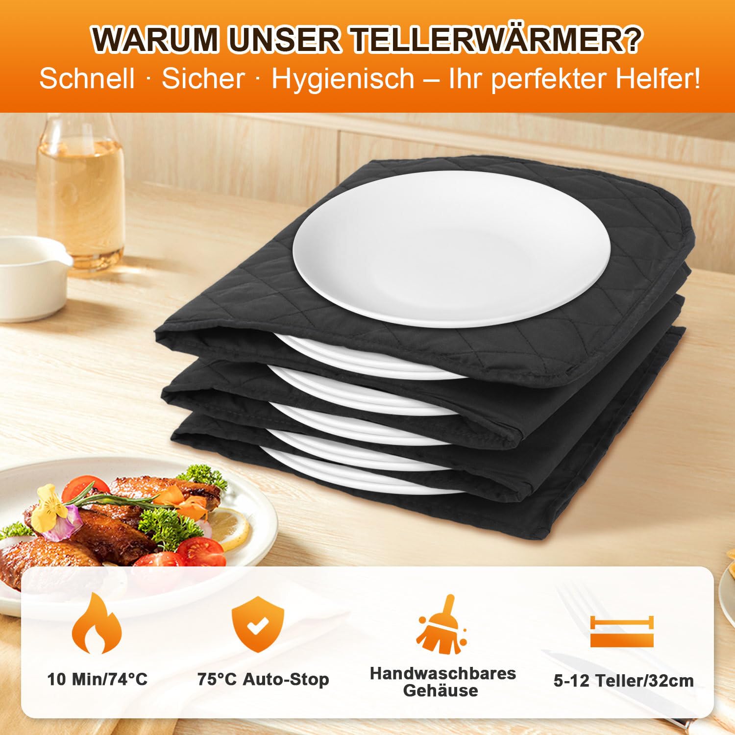 Chauffeur d'assiettes électrique XXL pour 12 Assiettes (jusqu'à 32 cm) - 200W–74°C, Chauffe Assiette Housse Lavable, Chauffage en 10 Min, Protection Contre la surchauffe[Noir]