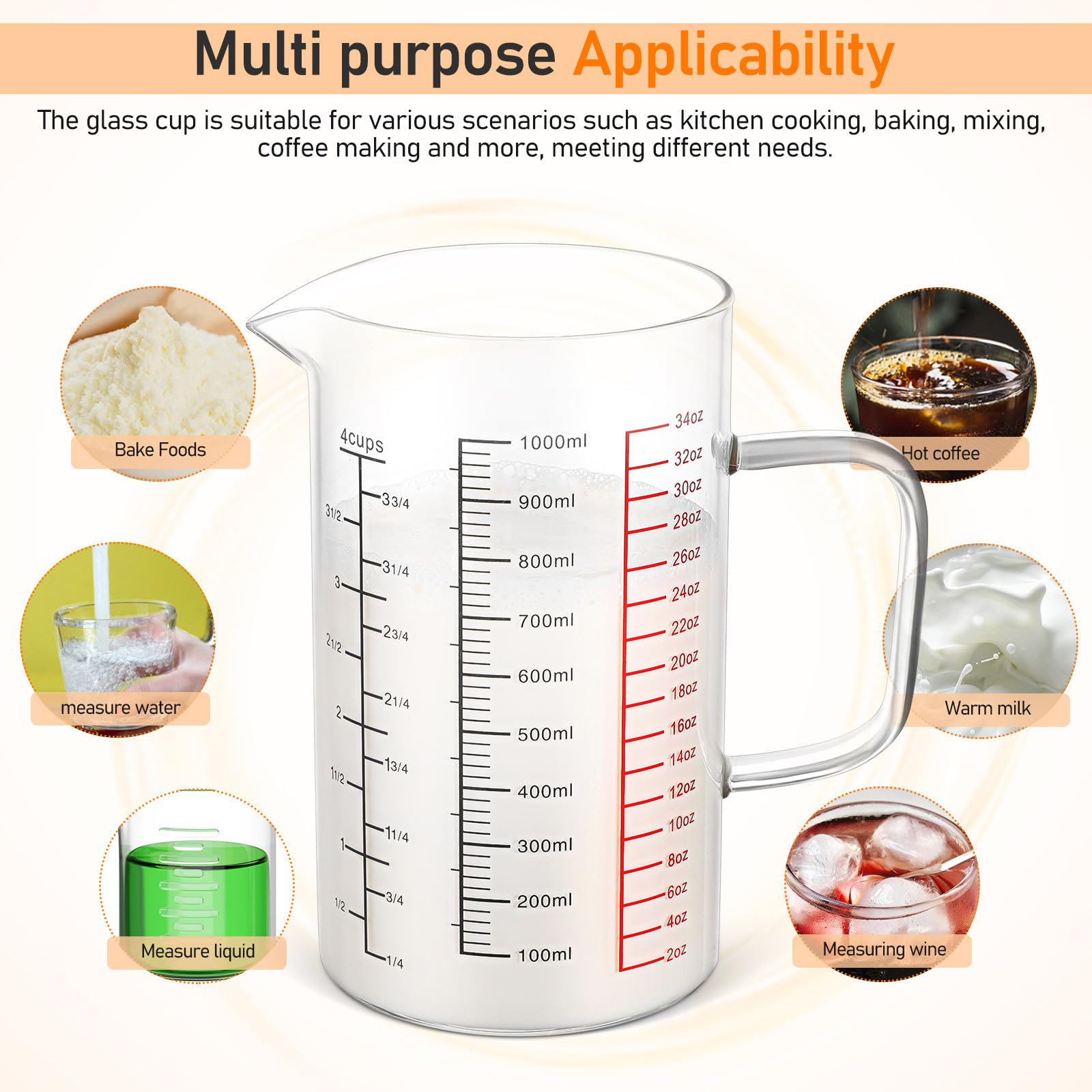 STOBAZA Taza Medidora de Vidrio de 1000 Ml con Asa, Vaso Graduado Multifuncional con Cuatro Escalas (ml, Onzas, Tazas), Resistente Vidrio de Borosilicato, Adecuado para Repostería y