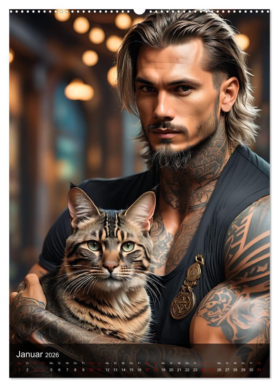 Verschmuste Kerle - Muskeln, Tattoos und Miezekatzen (hochwertiger Premium Wandkalender 2026 DIN A2 hoch), Kunstdruck in Hochglanz: Charmante Bilder ... unwiderstehlichen Samtpfoten (CALVENDO Tiere)