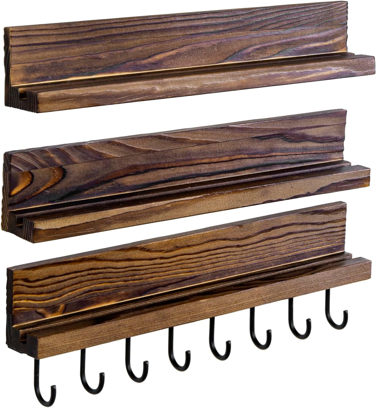 MyGift Rustic Burnt Solid Brown Wood Wall Mounted Challenge Coin Holder – Casino Chip Display Rack with Matte Black Metal Medal Hooks, 3-Piece Set