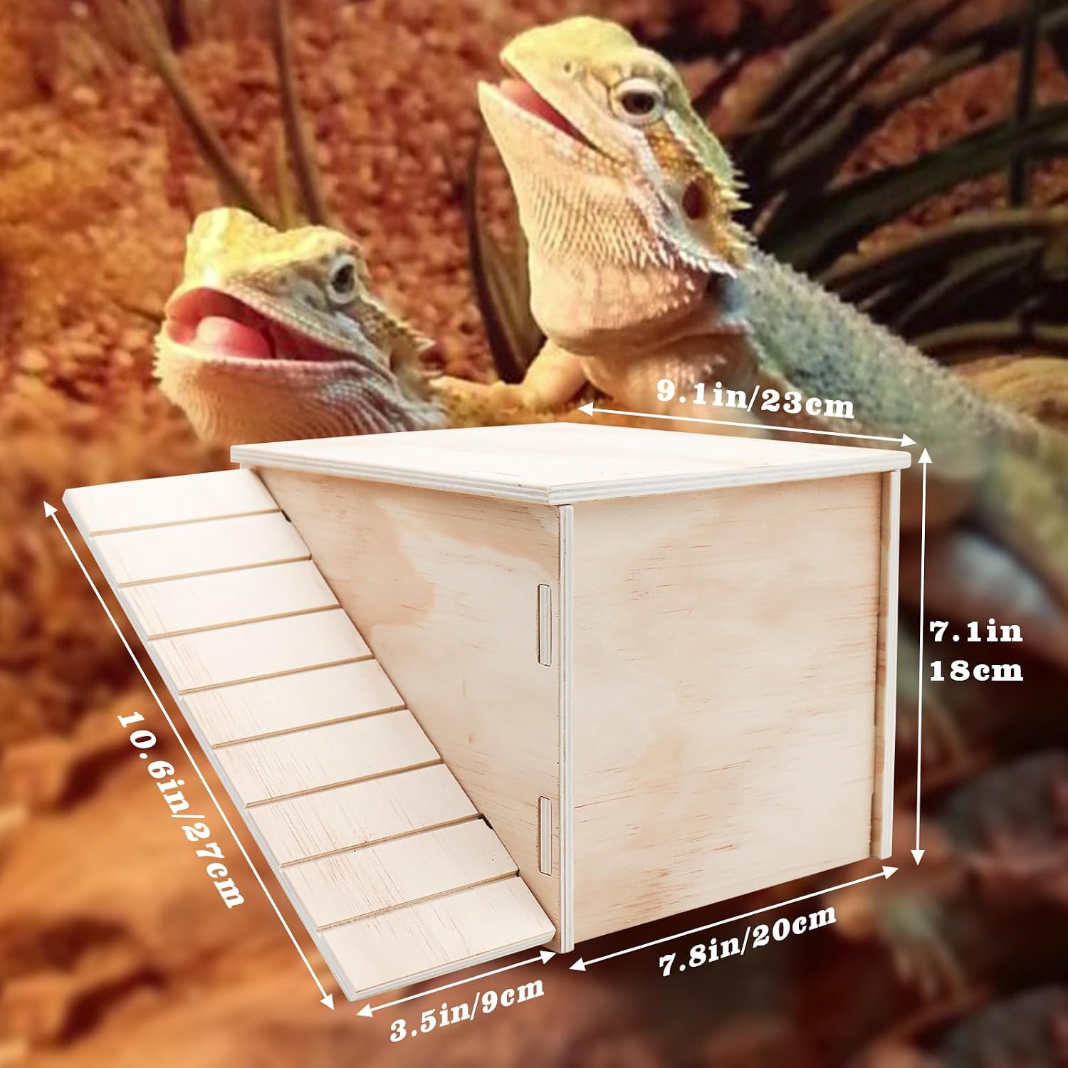 2-in-1 Wooden Hide Cave with Ramp & Basking Platform – Reptile Hideout & Tank Accessory for Bearded Dragons, Geckos, Snakes