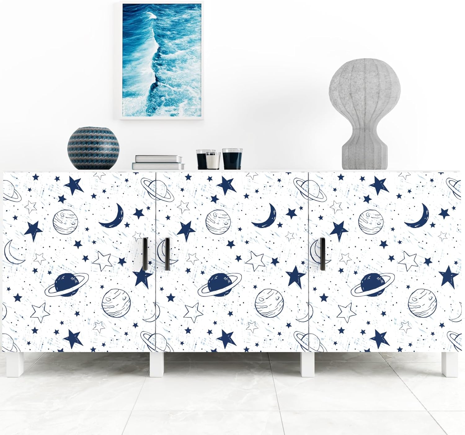 Blue Galaxy Wallpaper Stick and Peel Moon Star Contact Paper Blue Planet Celestial Wallpaper Boho Self Adhesive Removable Contact Paper for Kids Room Nursery Bedroom Cabinets 17.5"x102"