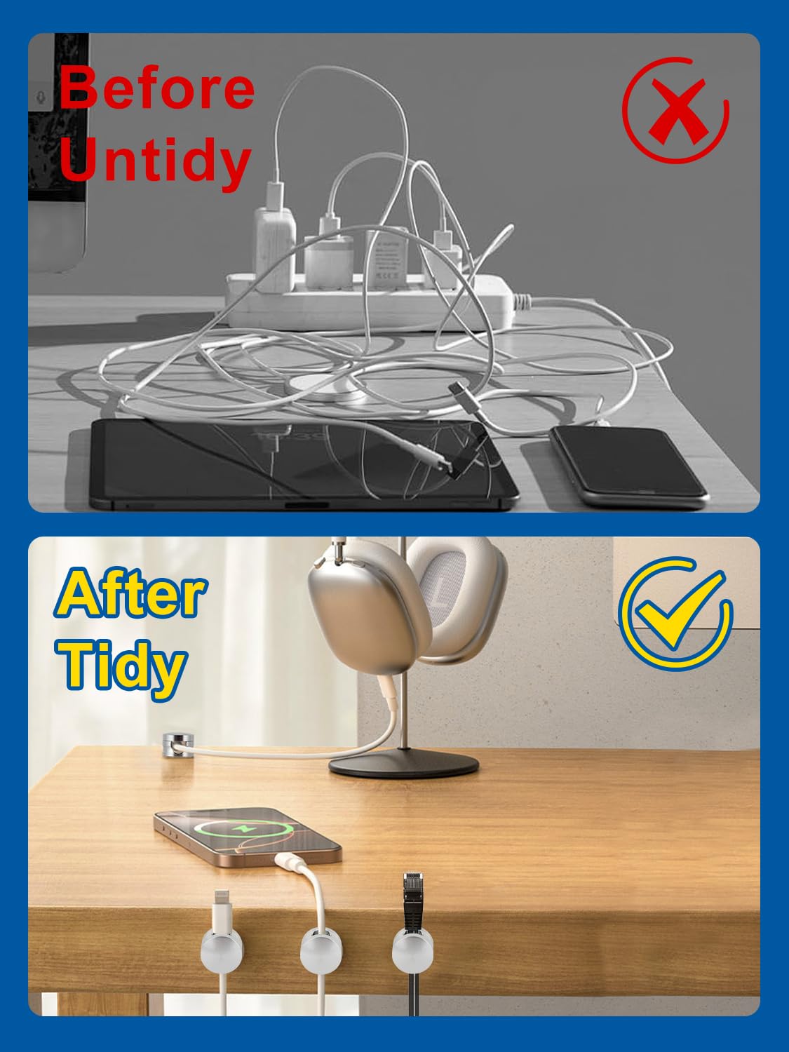 Ulepszony aluminiowy srebrny uchwyt na przewód do ładowania telefonu z bardzo dużą samoprzylepną podstawą, 3-pak śrubowych uchwytów na przewód do szafki nocnej, mocniejsze trzymanie