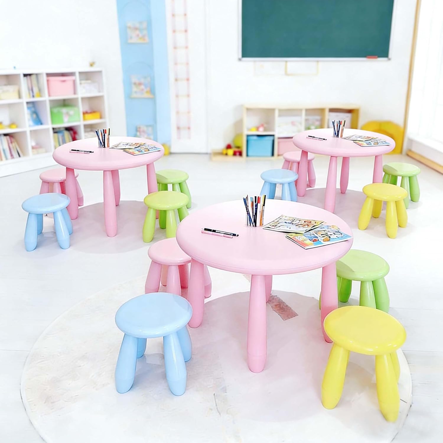 Kids Table and Chair Set, Plastic Children Activity Table and 4 Chairs for Art Craft, Easy-Clean Tabletop, 5-Piece Toddler Furniture Set for Daycare Playroom, Gift for Boys Girls (pink + 4pcs stool)