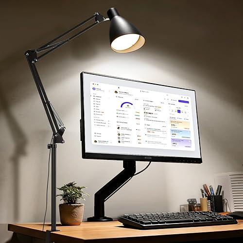 Lámpara de escritorio LED de metal para oficina en casa, lámpara de escritorio extra alta con brazo oscilante con abrazadera, 5 modos de color, 10